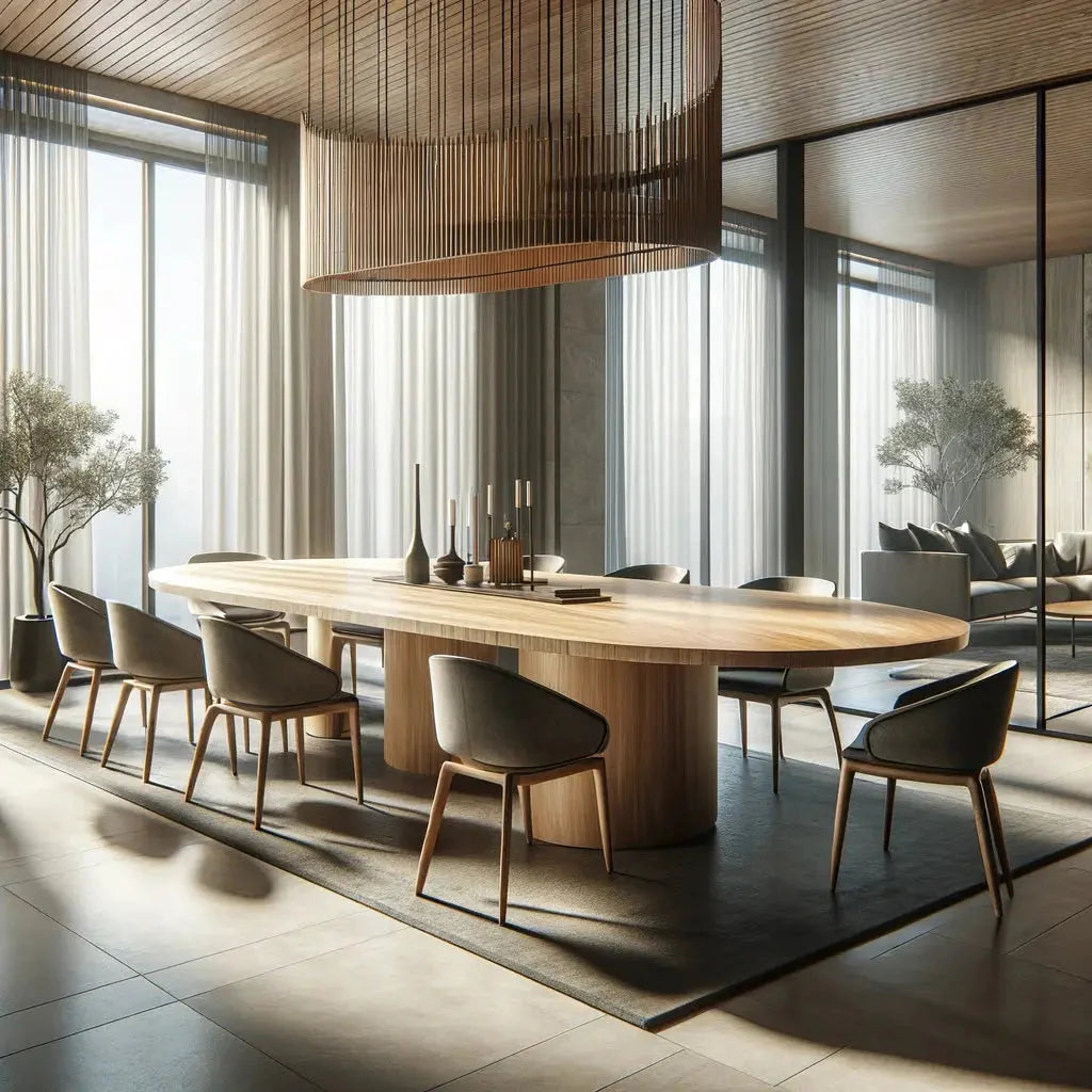A room featuring a large table surrounded by chairs with wooden legs, a tree in a vase, and a wooden ceiling.