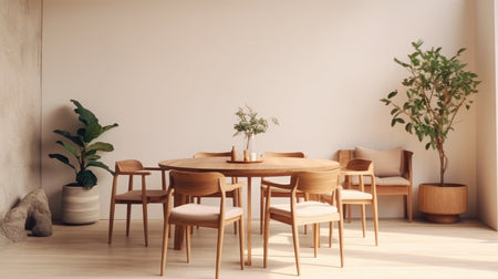 A dining room showcasing a table surrounded by chairs, complemented by potted plants and a decorative vase, creating a serene interior setting in a scandi interior design style