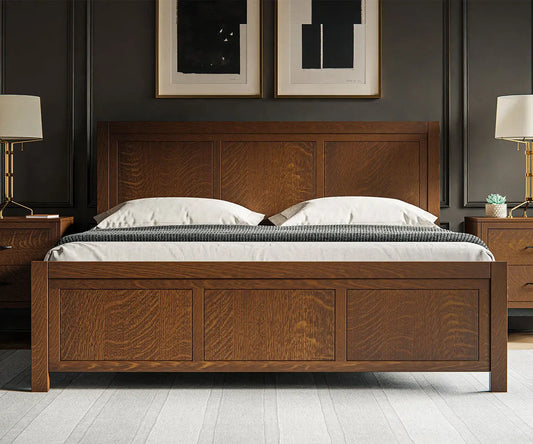 Handmade bed frame with rich wood tones and minimalist design