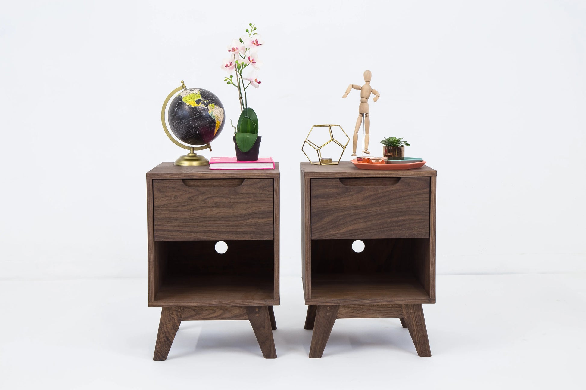 walnut mid century nightstand with drawers