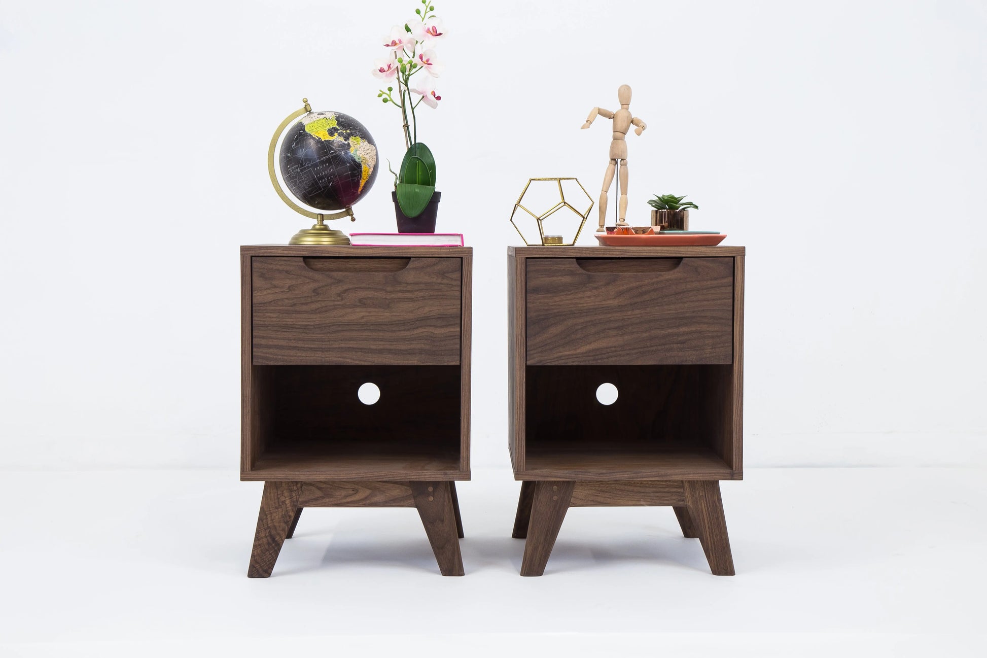 walnut mid century bedside tables with drawers