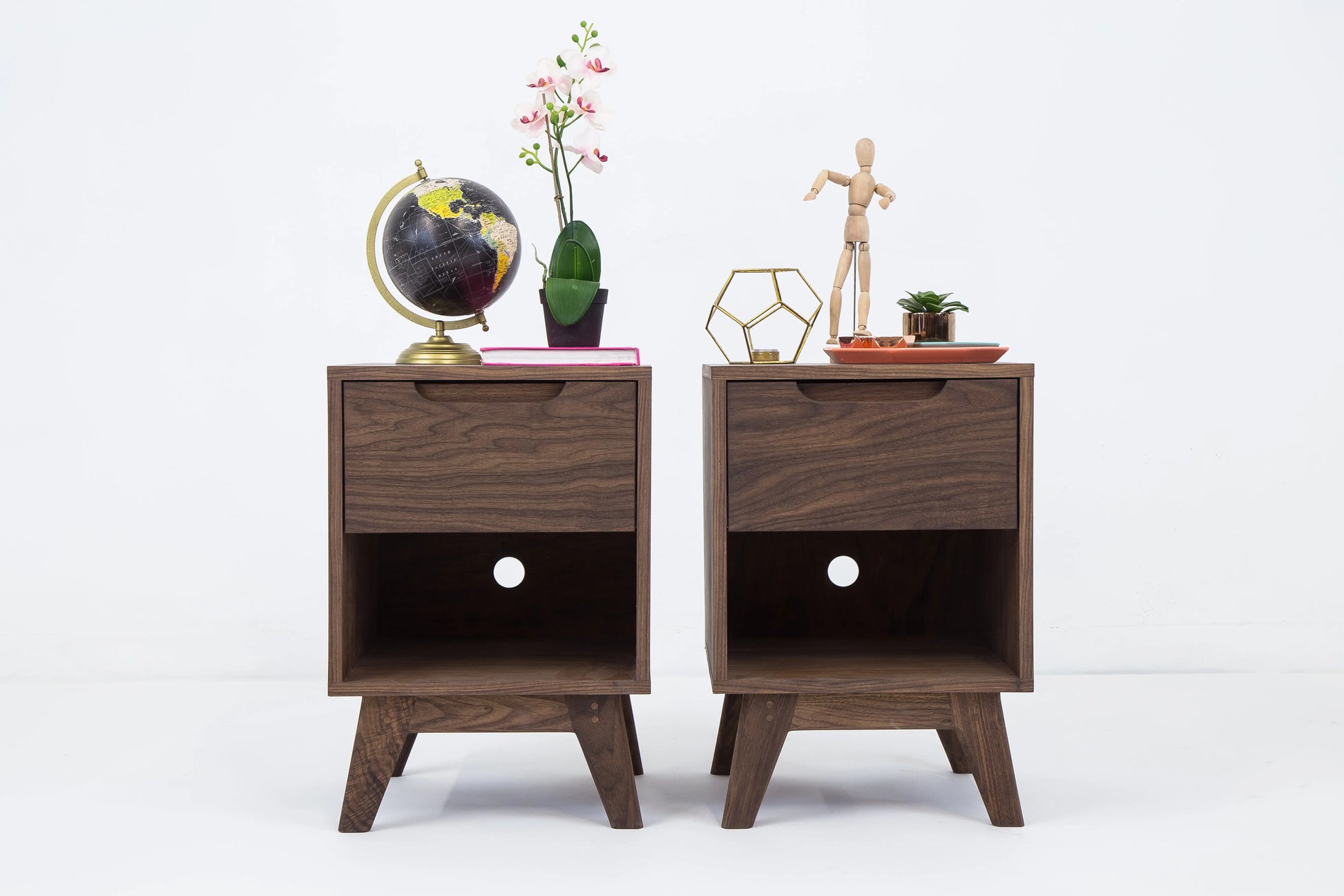 walnut mid century nightstand, studio shot