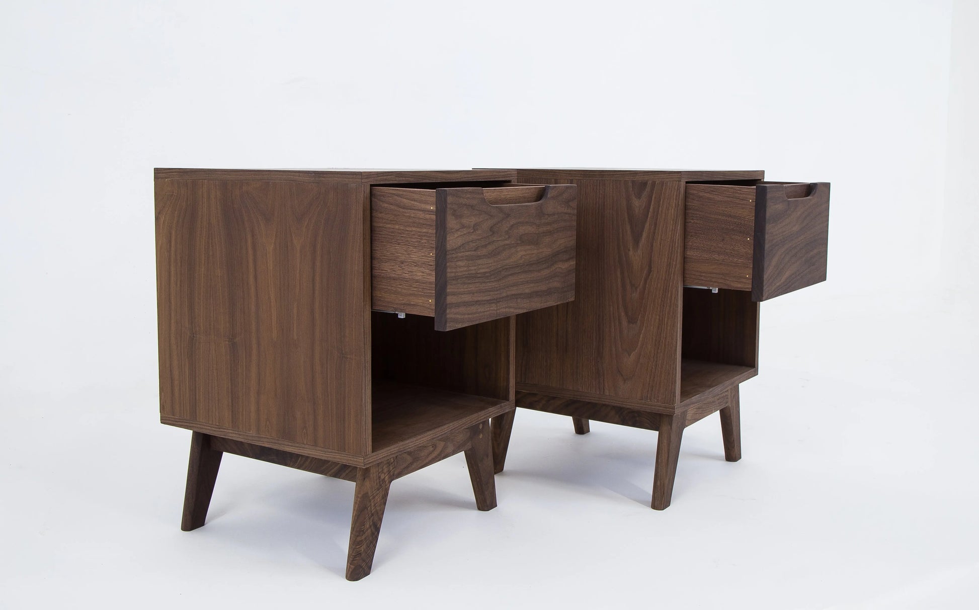 walnut mid century nightstand, drawers open