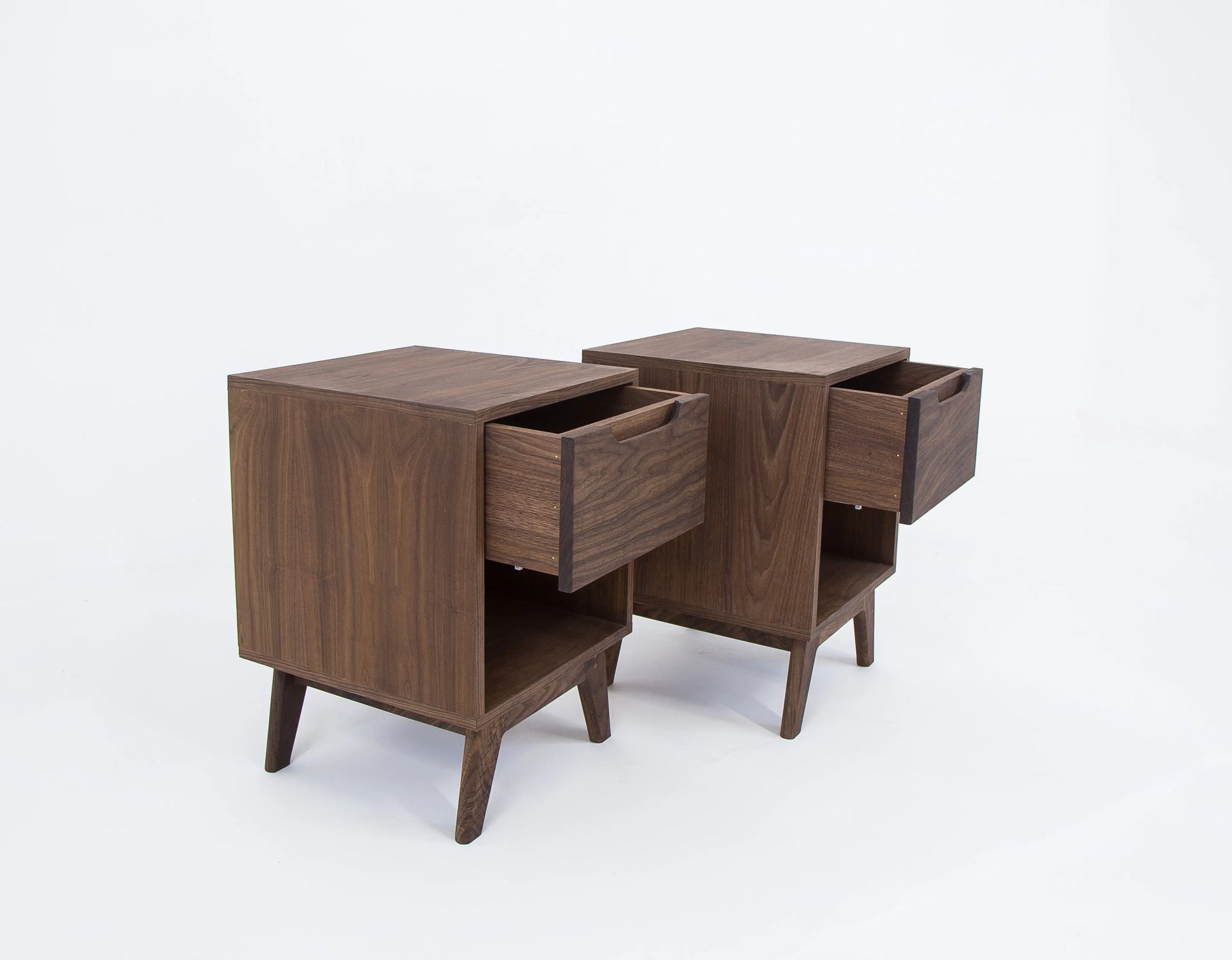 walnut mid century nightstand, pair solid hardwood. Handmade is america