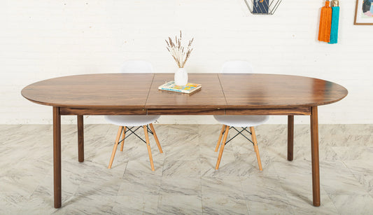 Close-up of the FSC-certified black walnut surface on the Payne table