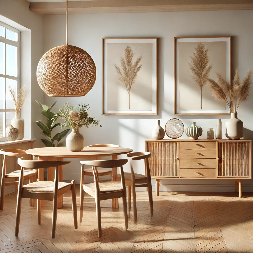 A dining room featuring a table with chairs, a wooden cabinet with decor, and a framed plant artwork on the wall.