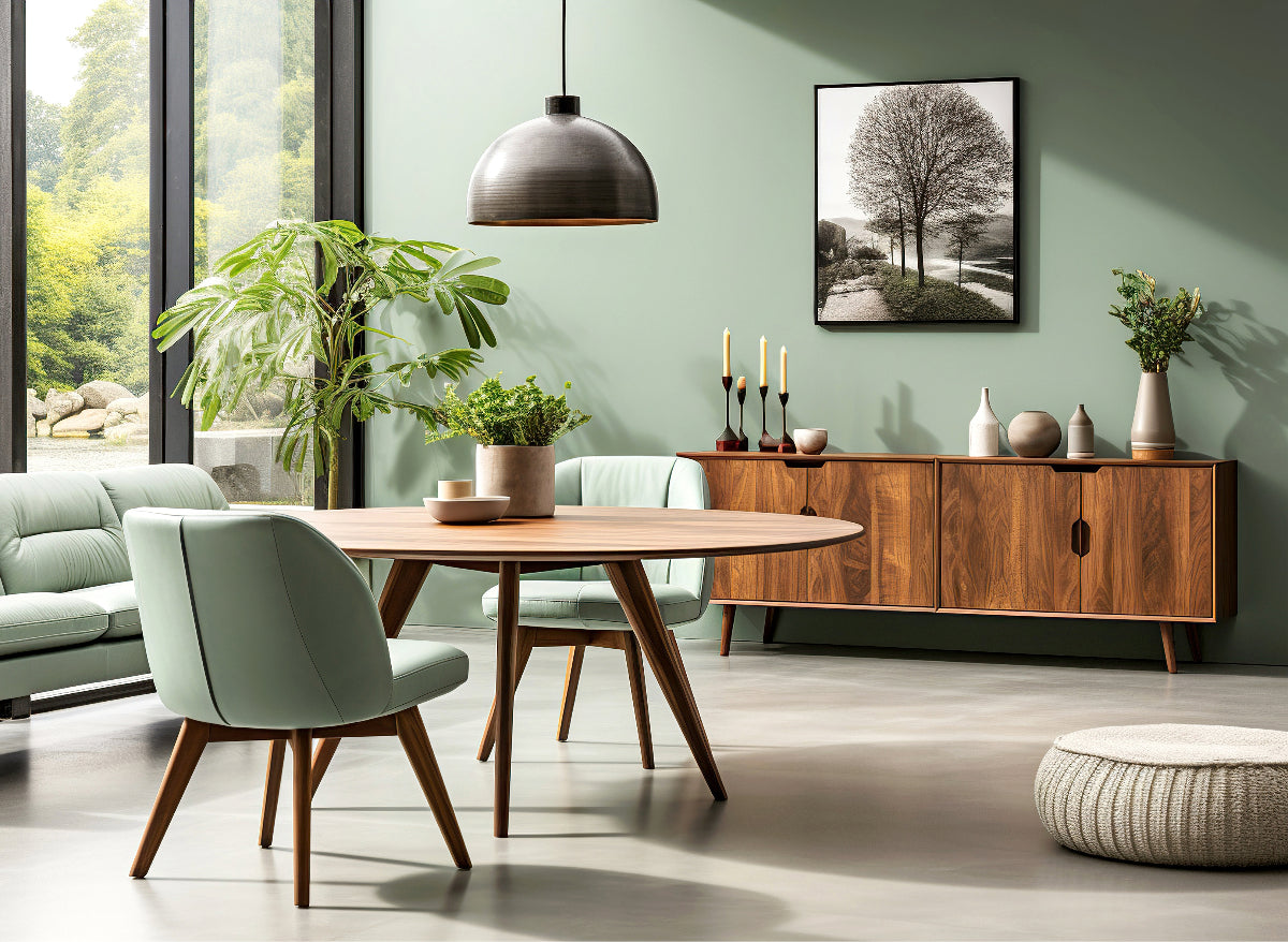 "Scandinavian wooden dining table next to a Mid-Century Modern credenza