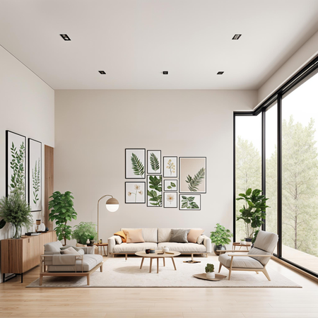 A living room featuring a large window, couch with wood frame, coffee table with objects, chair, and wall adorned with plant pictures.