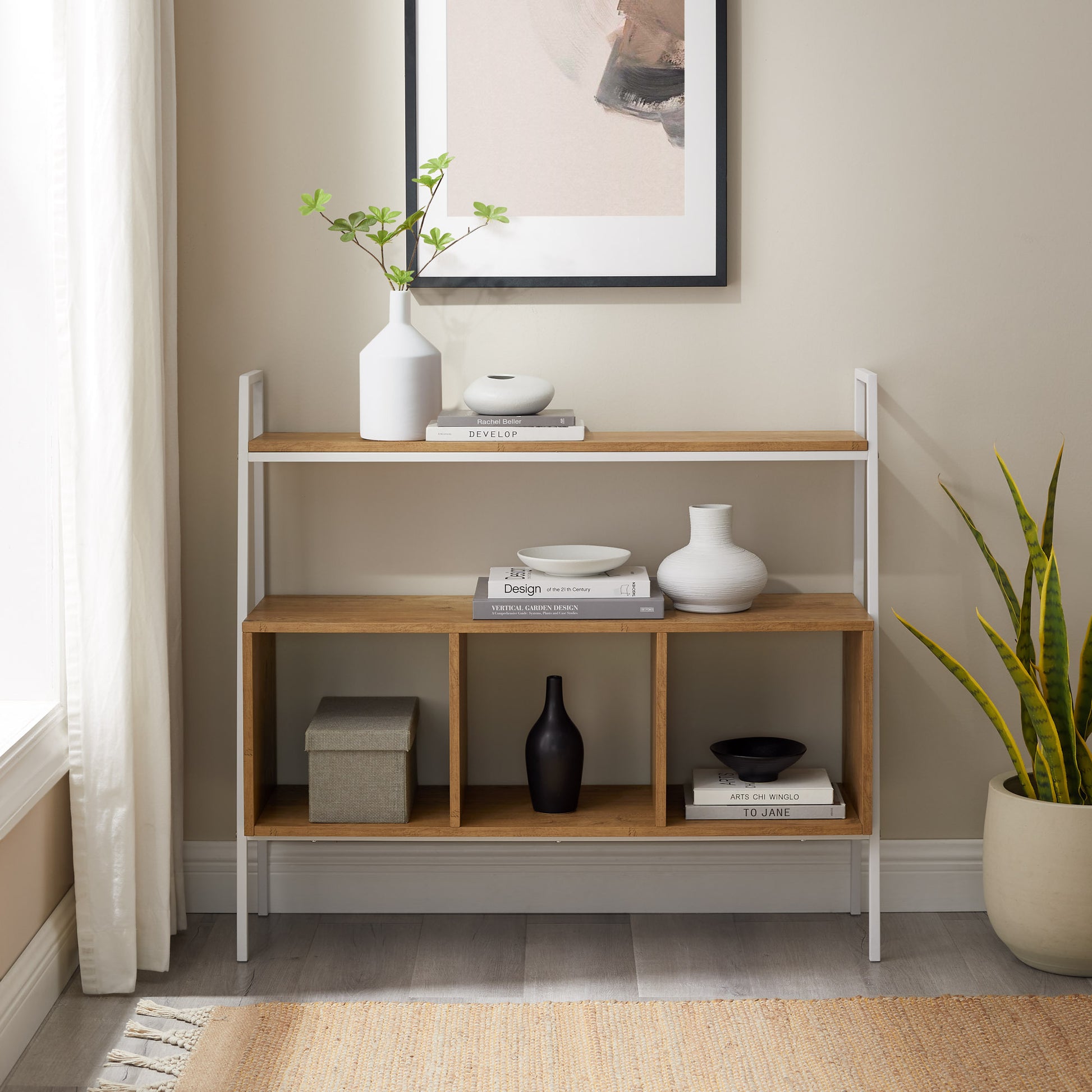 Modern Industrial Metal and Wood 3-Cubby Storage Console in a living room setting, displaying its versatility and stylish design with books and decor items in the cubbies.