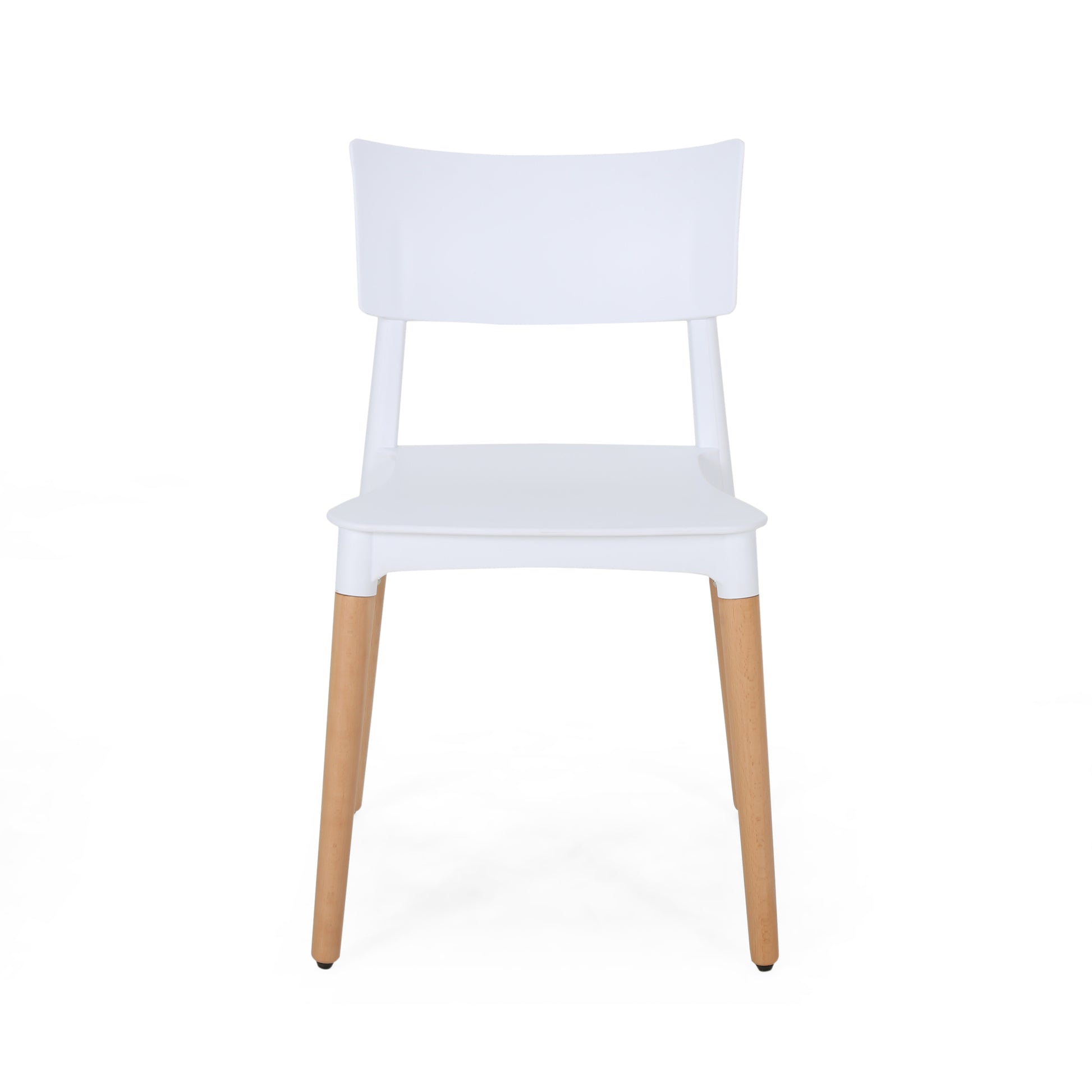 Minimalist white dining chair with a smooth seat and natural beech wood legs, showcasing a sleek, modern design ideal for various decor styles.