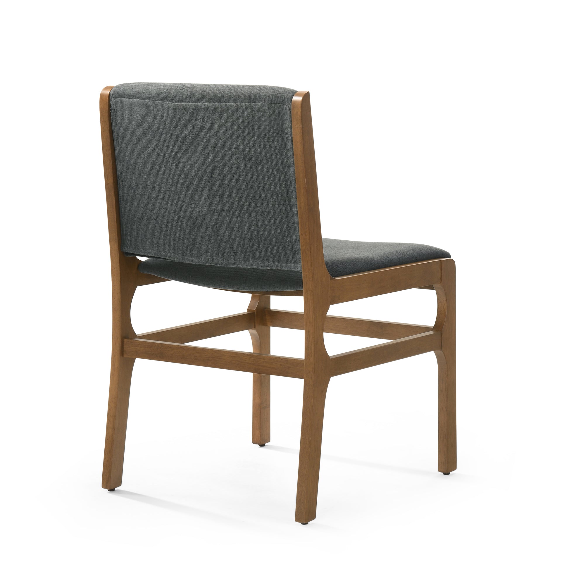 a wooden chair with a gray upholstered seat