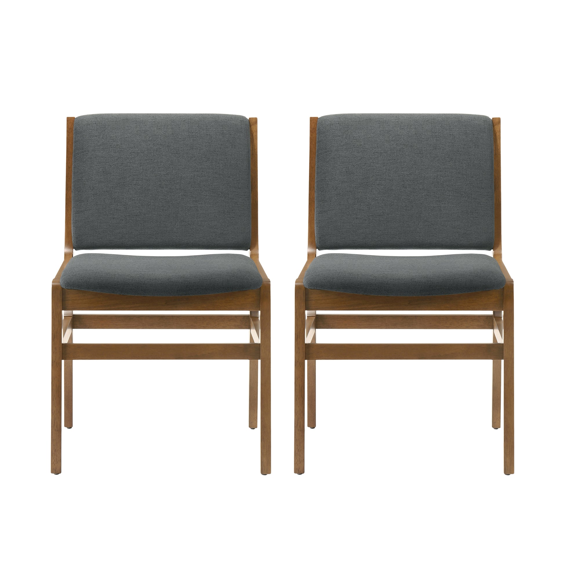 a pair of wooden chairs with grey upholstered seats