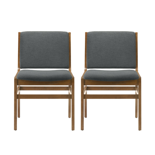 a pair of wooden chairs with grey upholstered seats