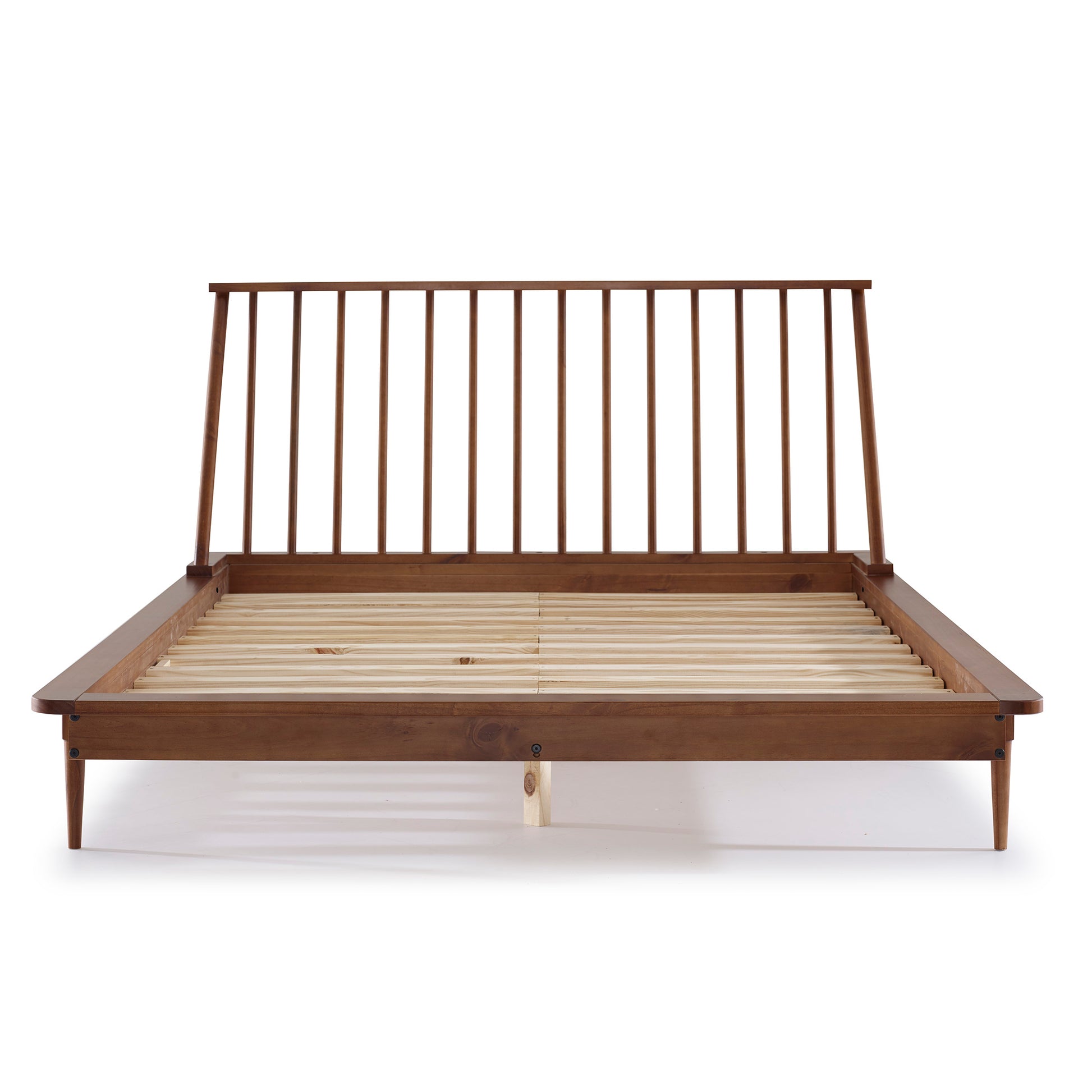 a bed with a wooden frame and wooden slats