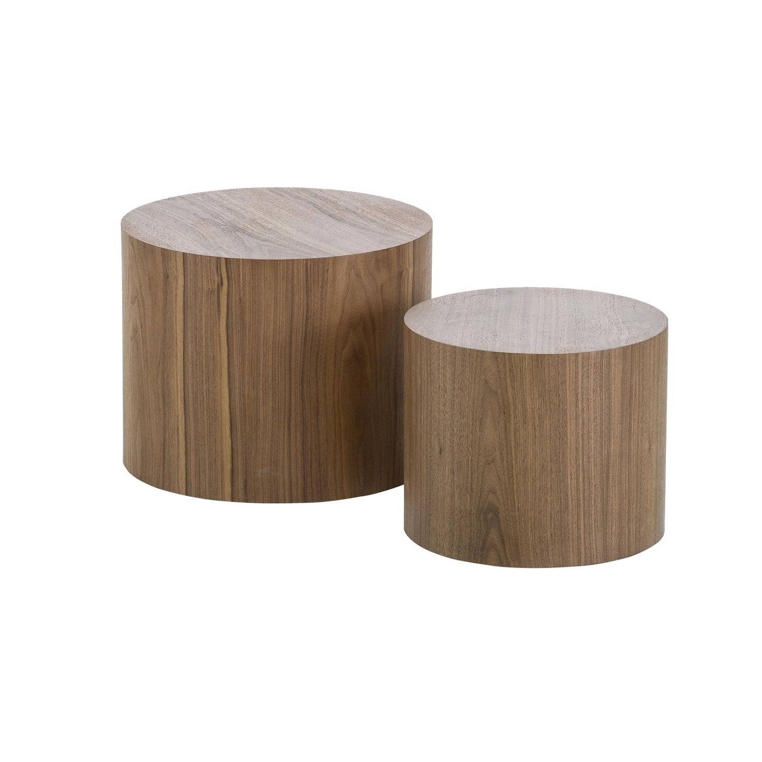 a pair of wooden tables sitting next to each other