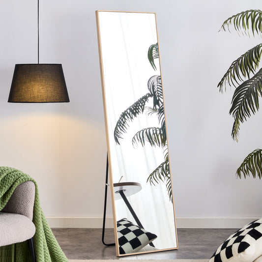 Modern Light Oak Solid Wood Frame Full Length Mirror in a room, reflecting a palm tree, enhancing interior decor with elegance and functionality.