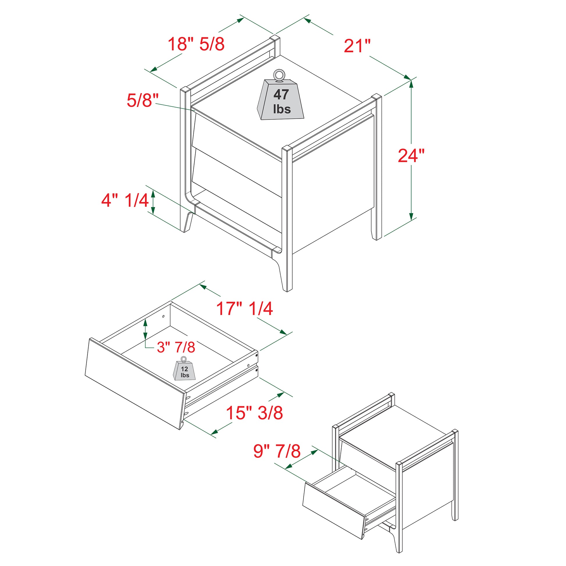 Scandi Angle Face Solid Wood Nightstand – Caramel, featuring a technical drawing showing its angled drawer front design with one drawer on smooth wood glides.