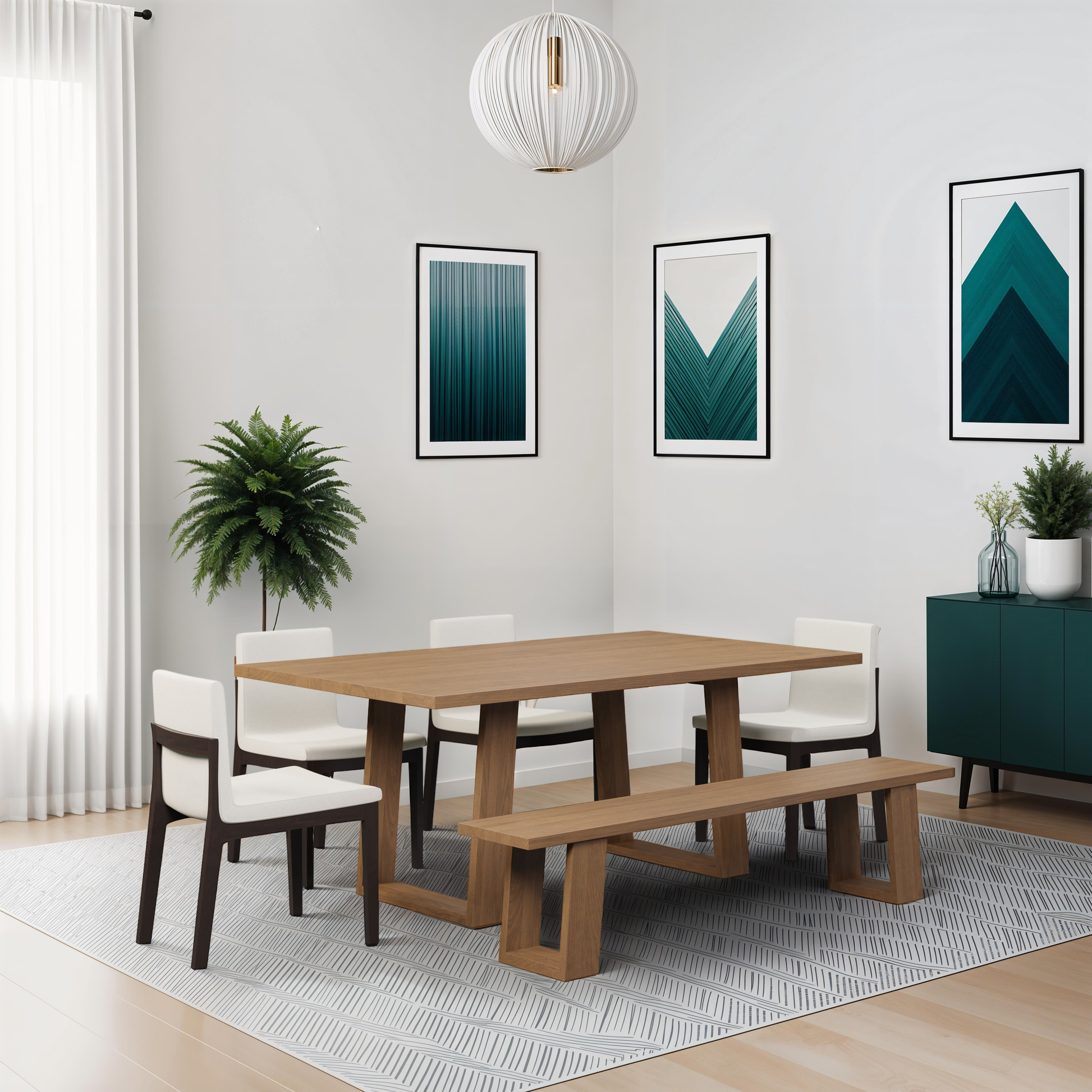 The Capri: Modern dining table set with solid hardwood construction, featuring a contemporary design, surrounded by chairs in an elegant dining room setting.