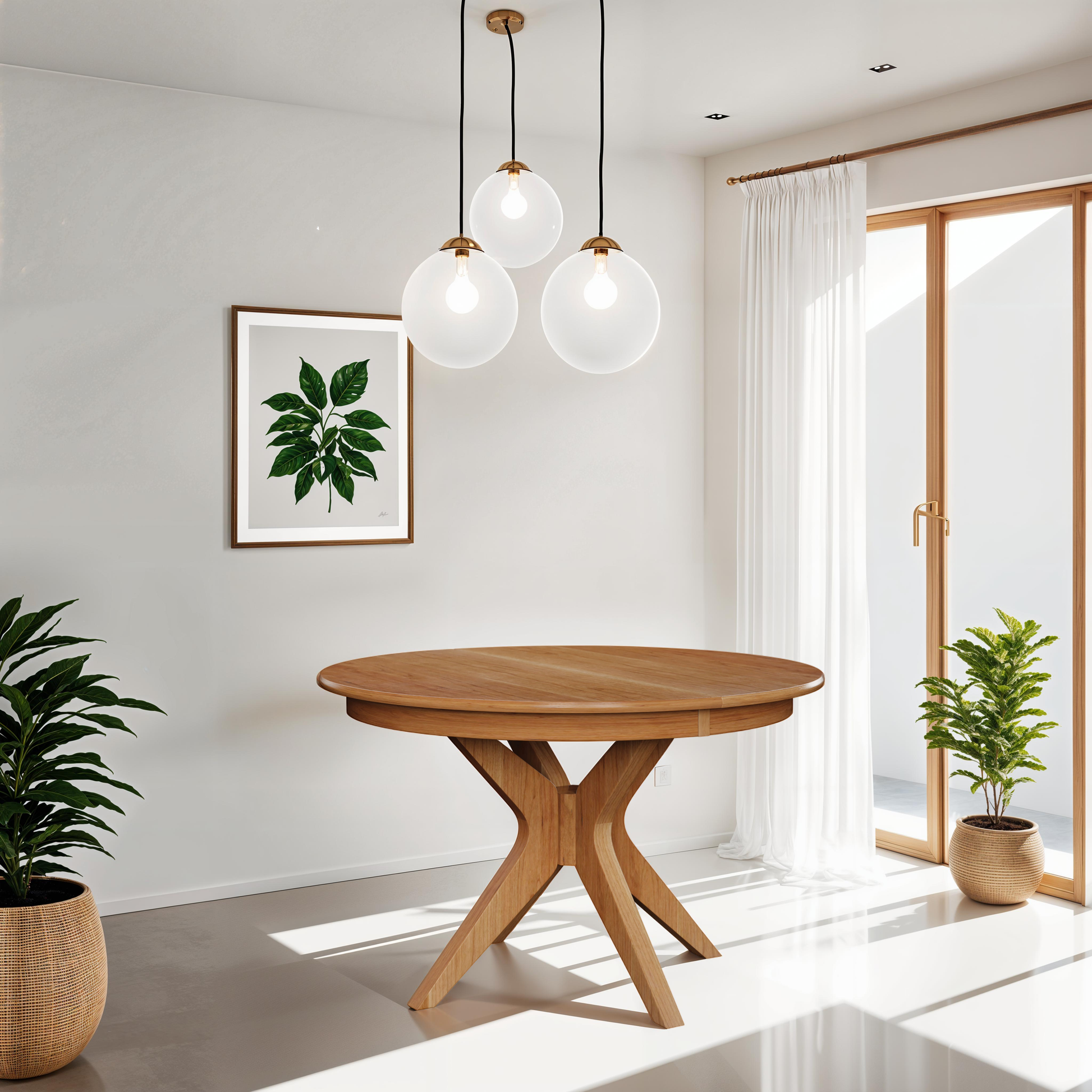 Corcovado: Modern Small Dining Table, extendable, visible in a room with plants and art, showcasing its elegant, solid hardwood design.