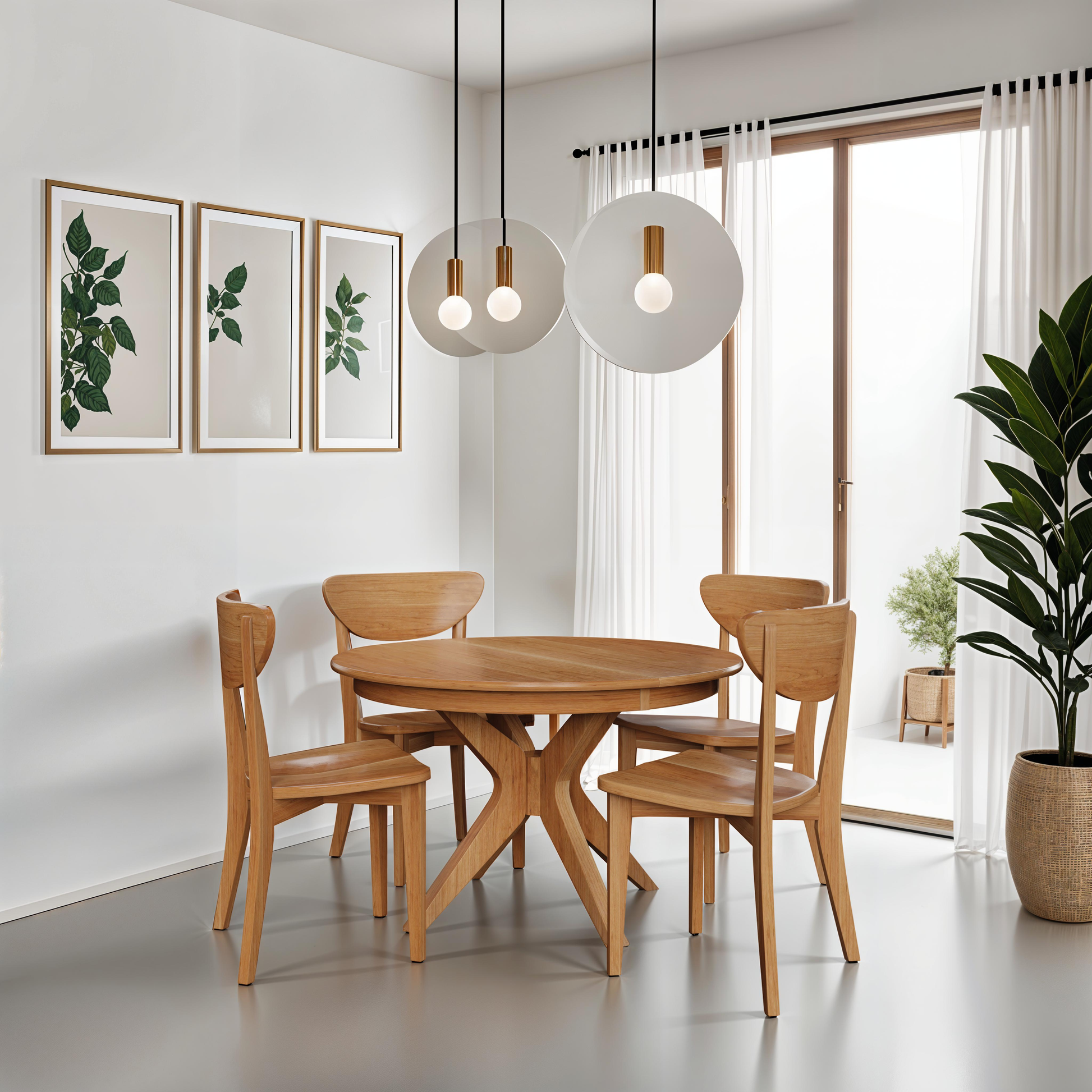 The Corcovado: Modern Small Dining Table for 4 to 8, Extendable, shown in a dining room with chairs, framed plant art, and a light fixture.