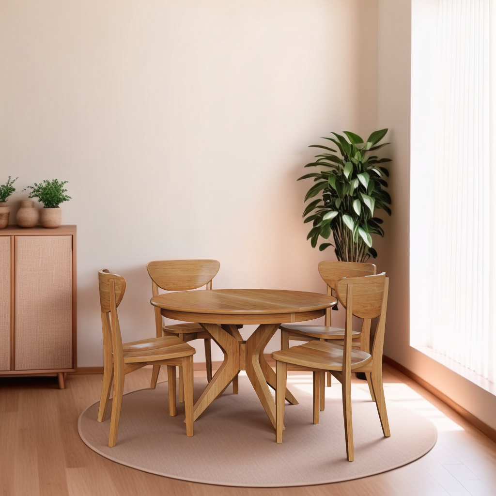 Corcovado: Modern small dining table for 4 to 8, extendable, set in a room with wooden chairs and a potted plant nearby.