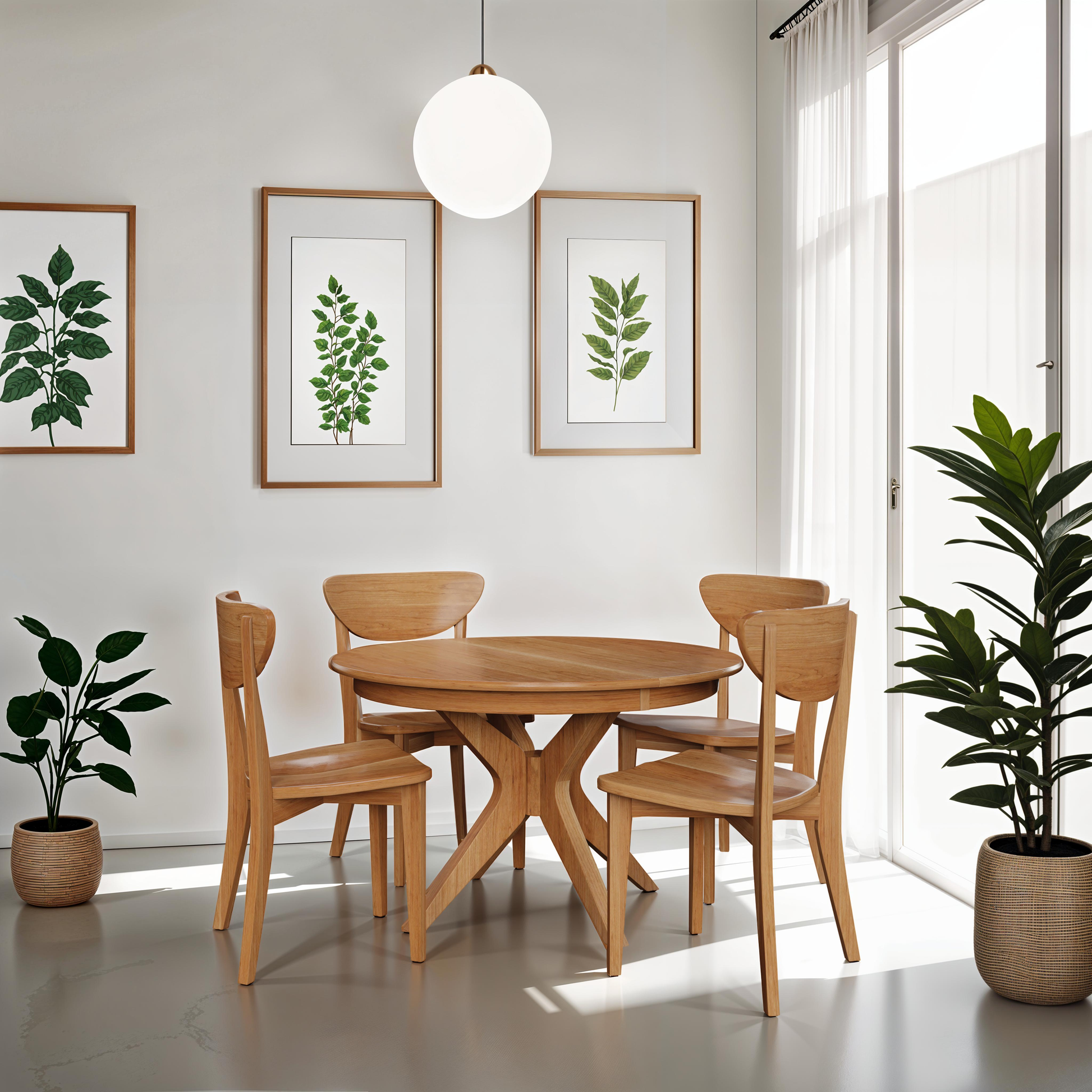 Corcovado: Modern small dining table, round and extendable, surrounded by chairs, set in a room with plants, showcasing elegant design and craftsmanship.