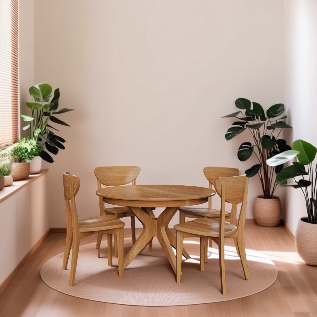 The Corcovado: Modern Small Dining Table for 4 to 8, Extendable, shown in a styled room with chairs and plants, highlighting its elegant, adaptable design.