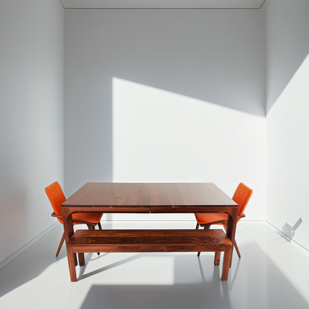 Modern walnut dining table with orange chairs for a bold interior style
