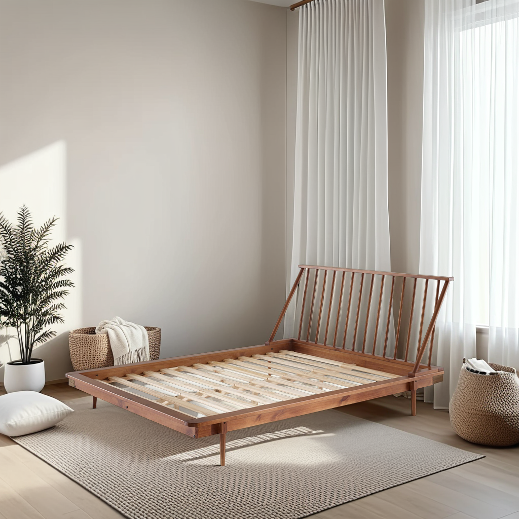 a bed with a wooden frame in a room