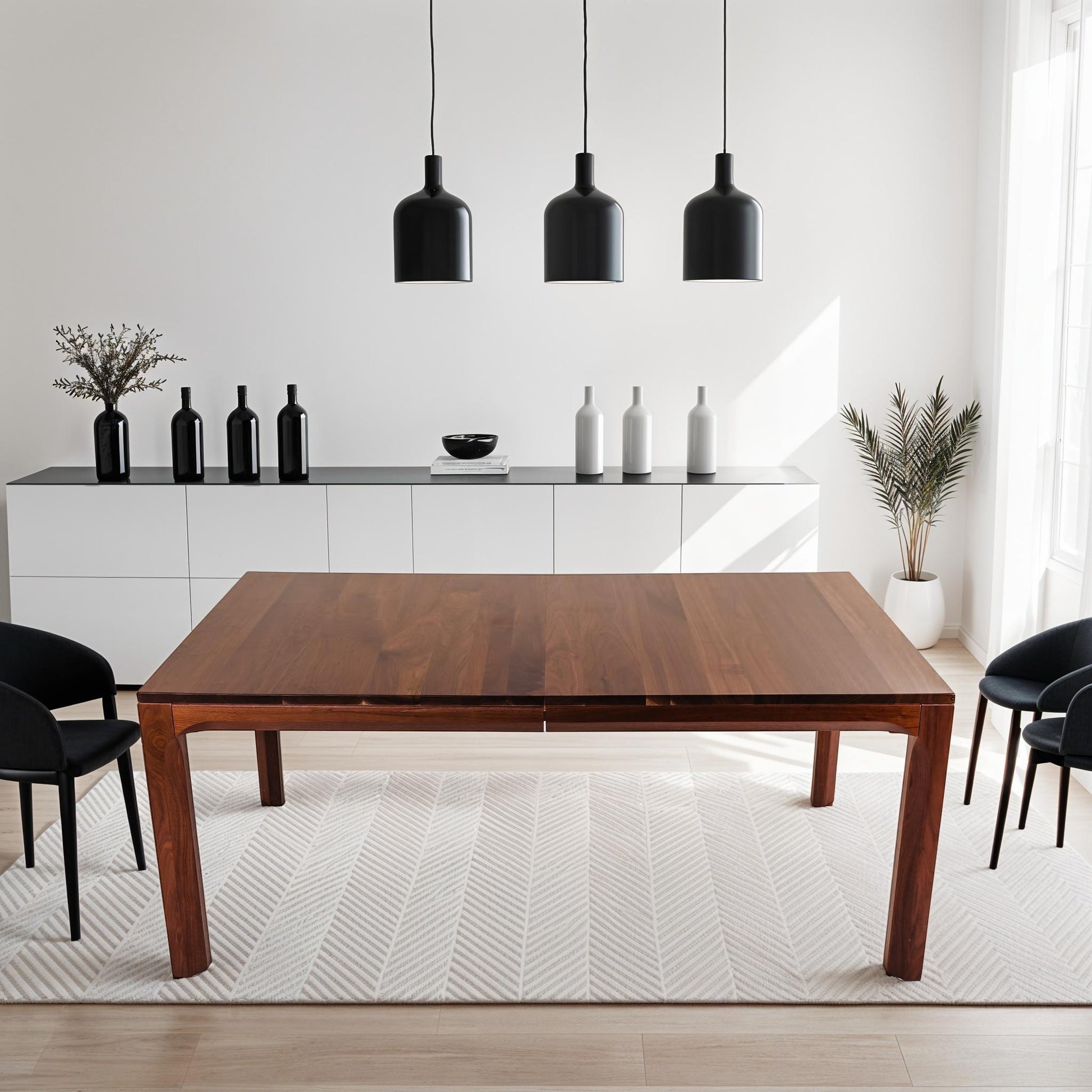 Eco-friendly dining table with bench seating in a minimalist interior
