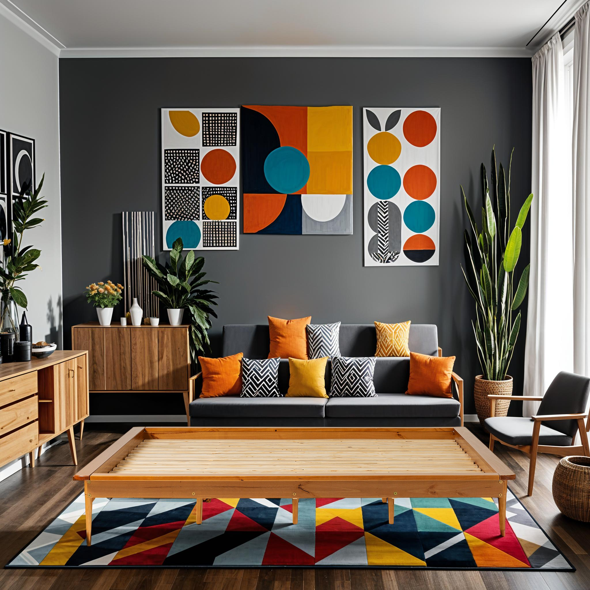 Mid-Century Modern Solid Wood King Platform Bed Frame in a living room setting with a couch, table, and decorative pillows visible.