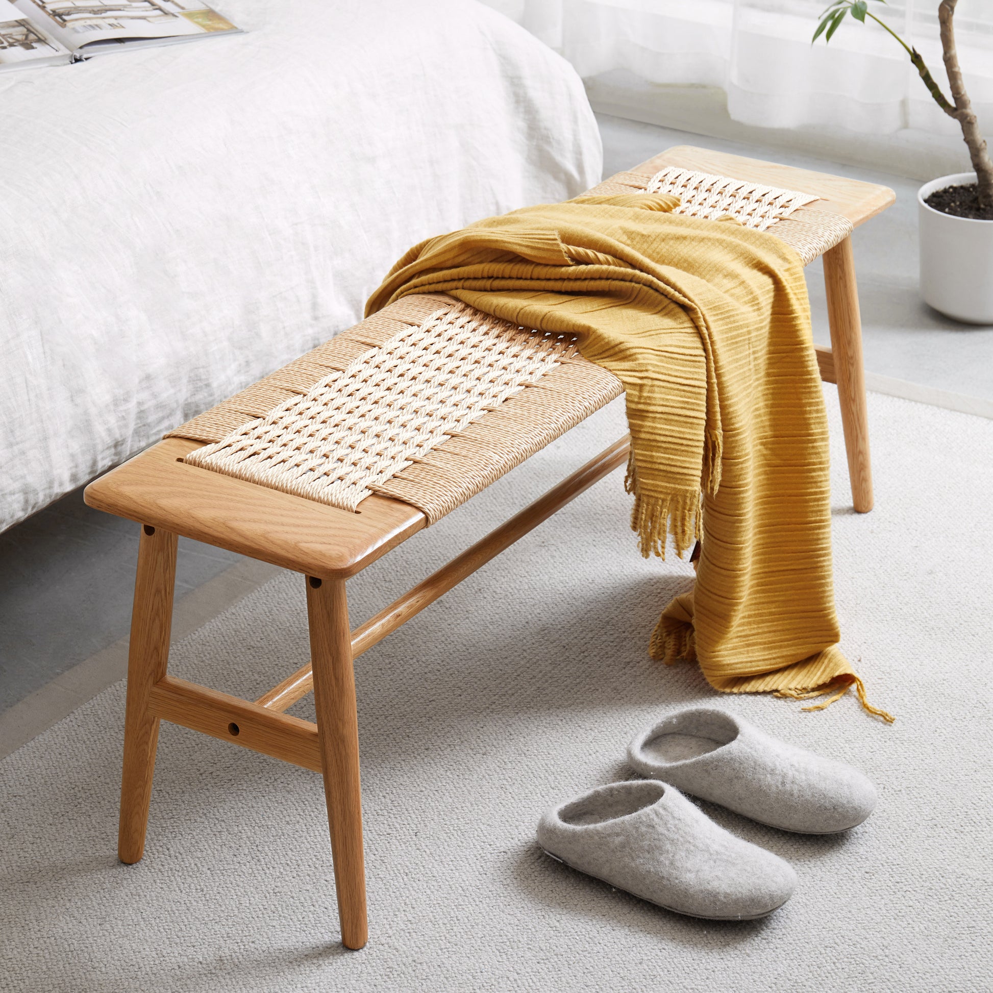 Lightweight Oak Wood Bench with Comfortable Handwoven Cane Seat
