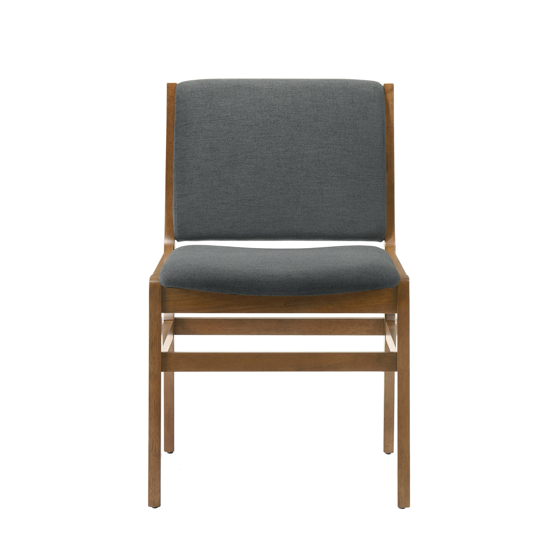 a gray chair with a wooden frame and seat