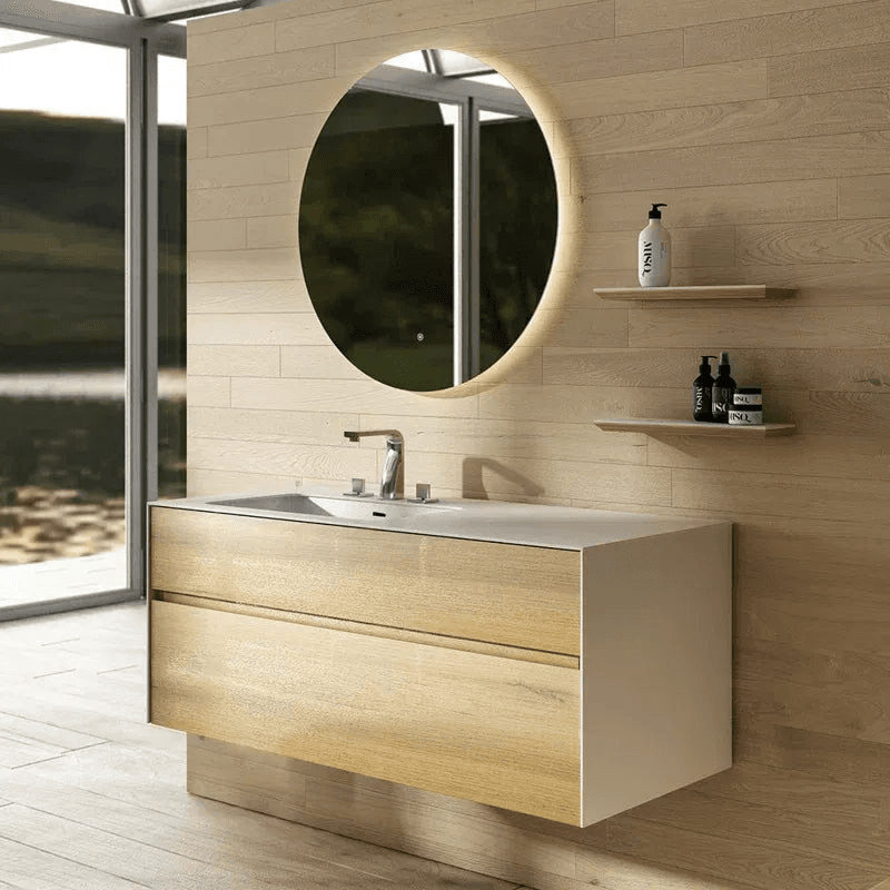 Sophisticated white vanity with streamlined drawers and integral mirror, showcasing modern Scandinavian functionality