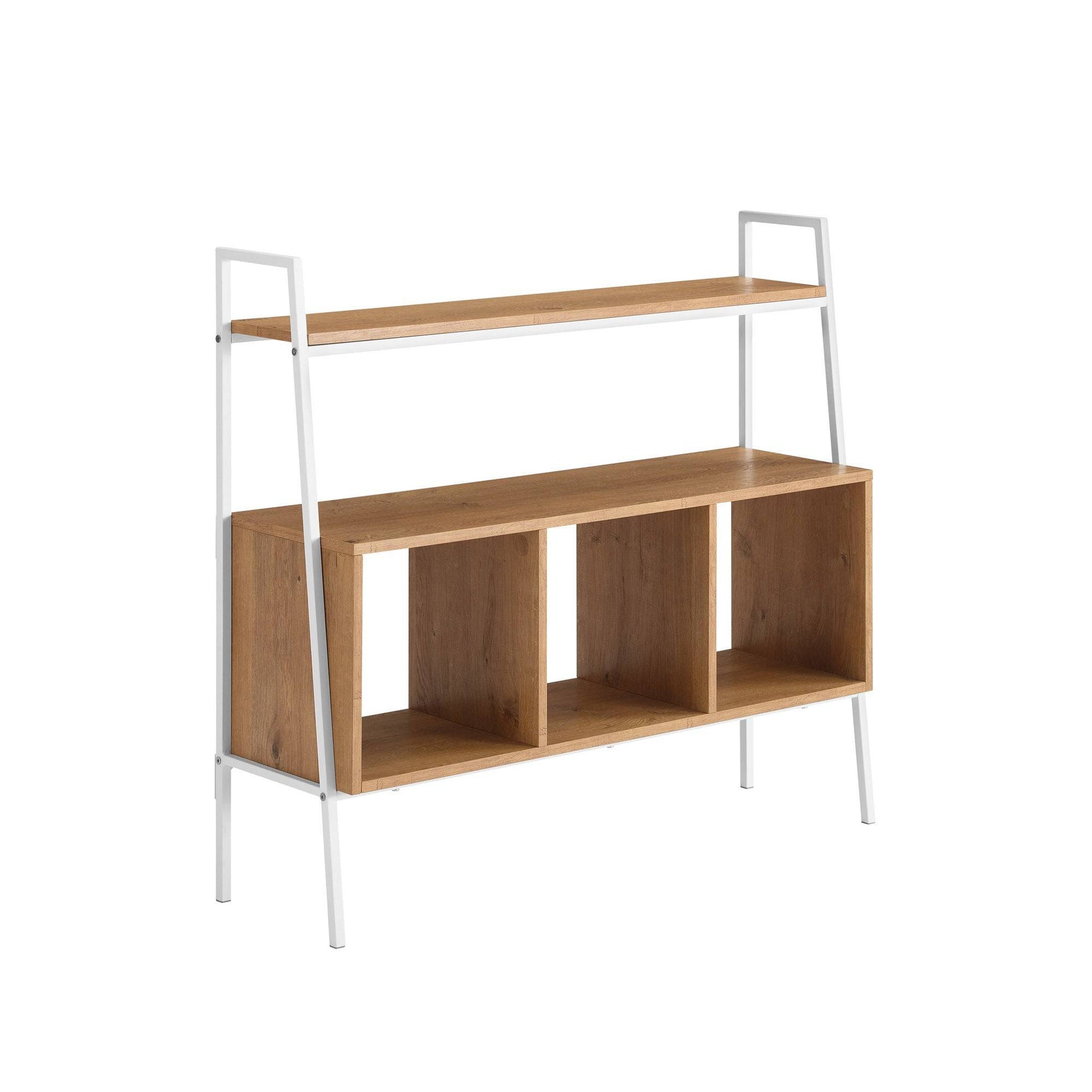 Modern Industrial Metal and Wood 3-Cubby Storage Console in English Oak