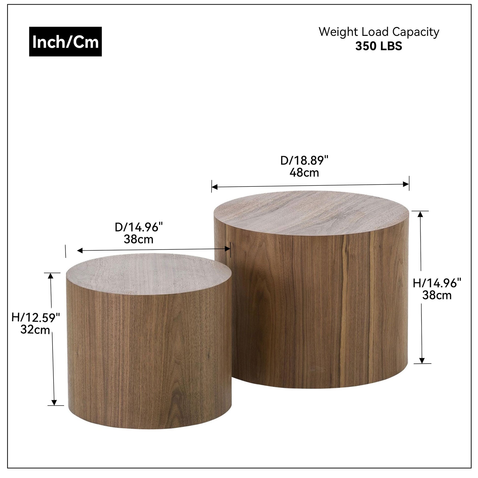 a pair of wooden tables with measurements for each of them