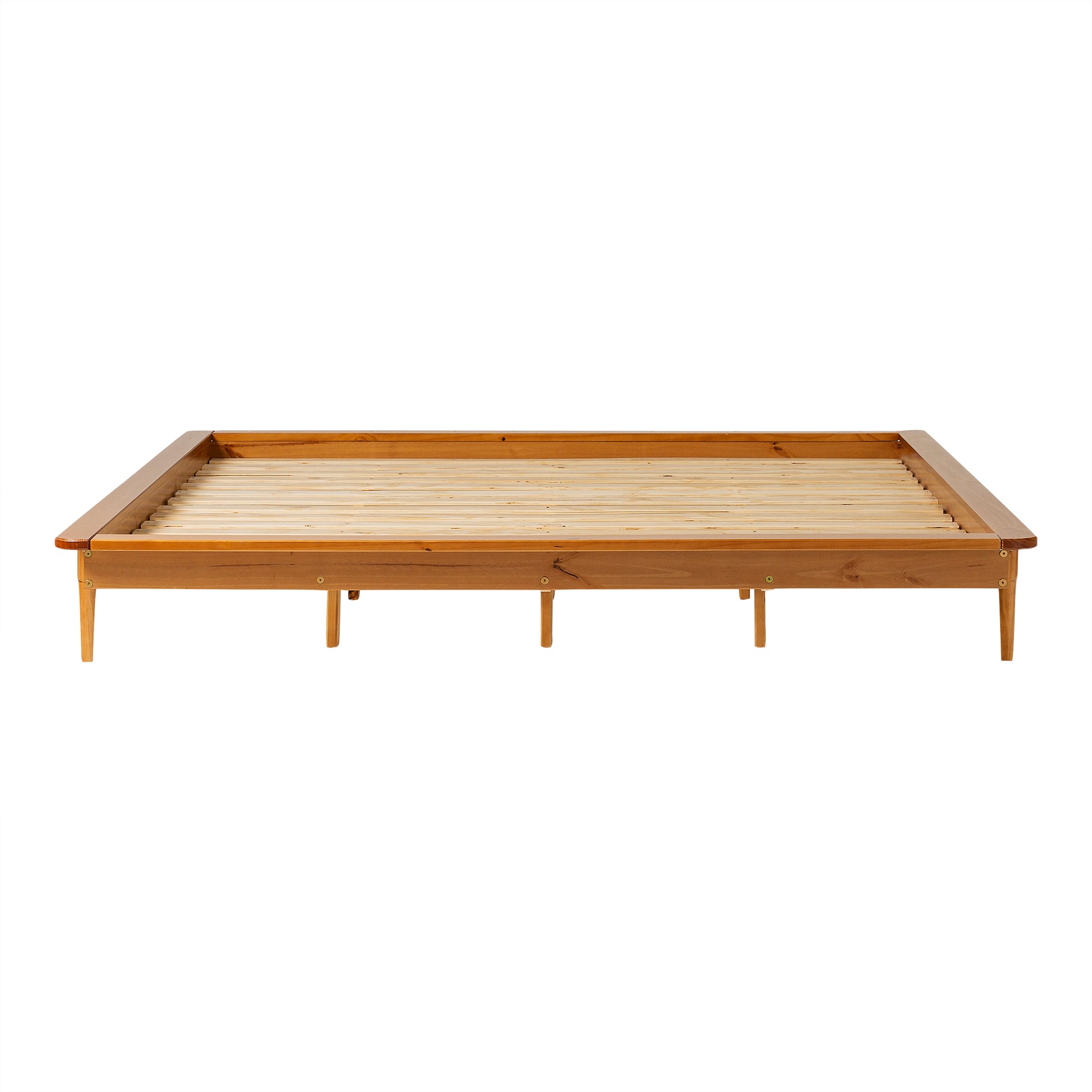 Mid-century modern solid wood king platform bed frame featuring a sturdy pine construction with tapered legs and wood slats, emphasizing a nostalgic, minimalist design.