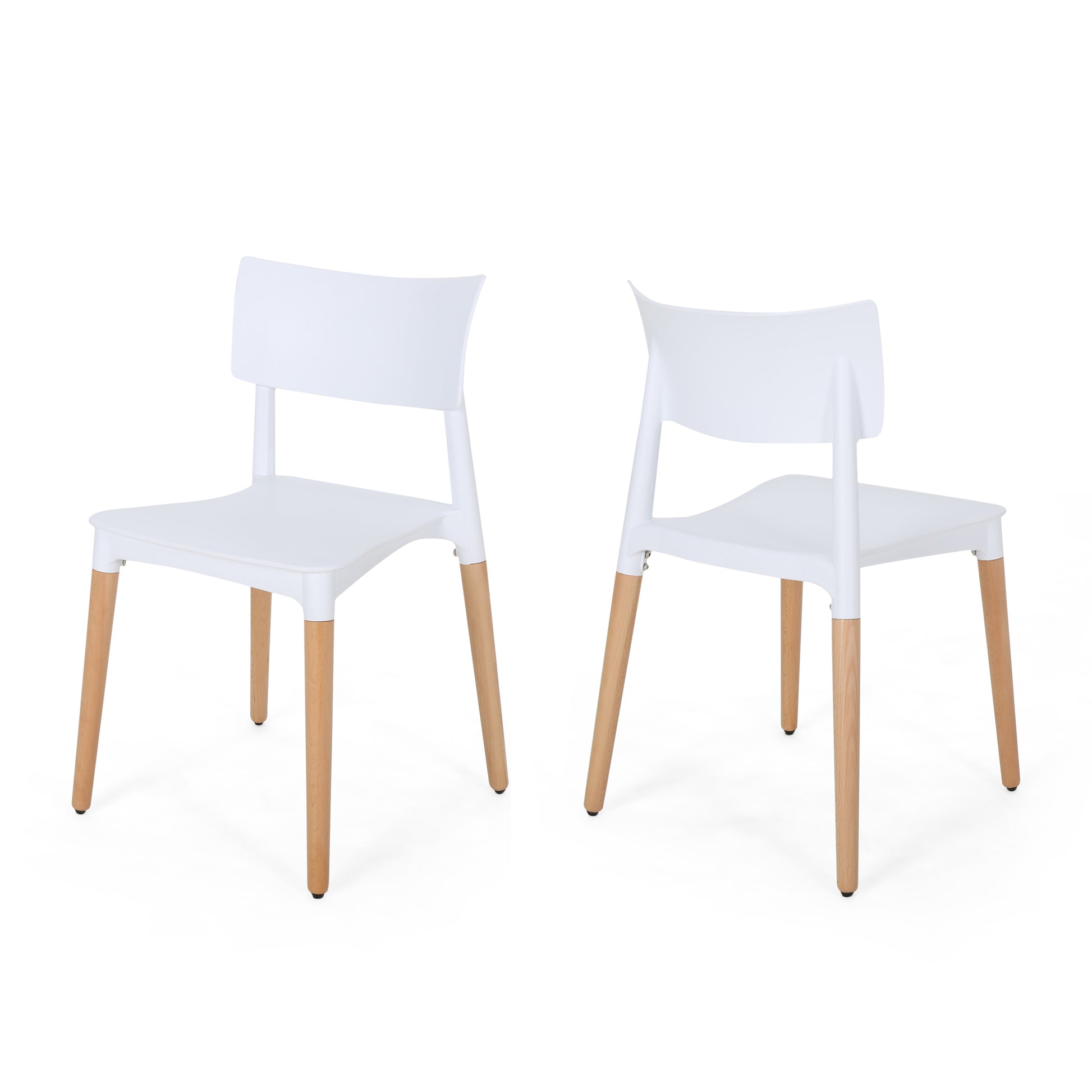 Minimalist White Dining Chair Set with sleek polypropylene seats and sturdy beech wood legs, perfect for modern dining spaces.