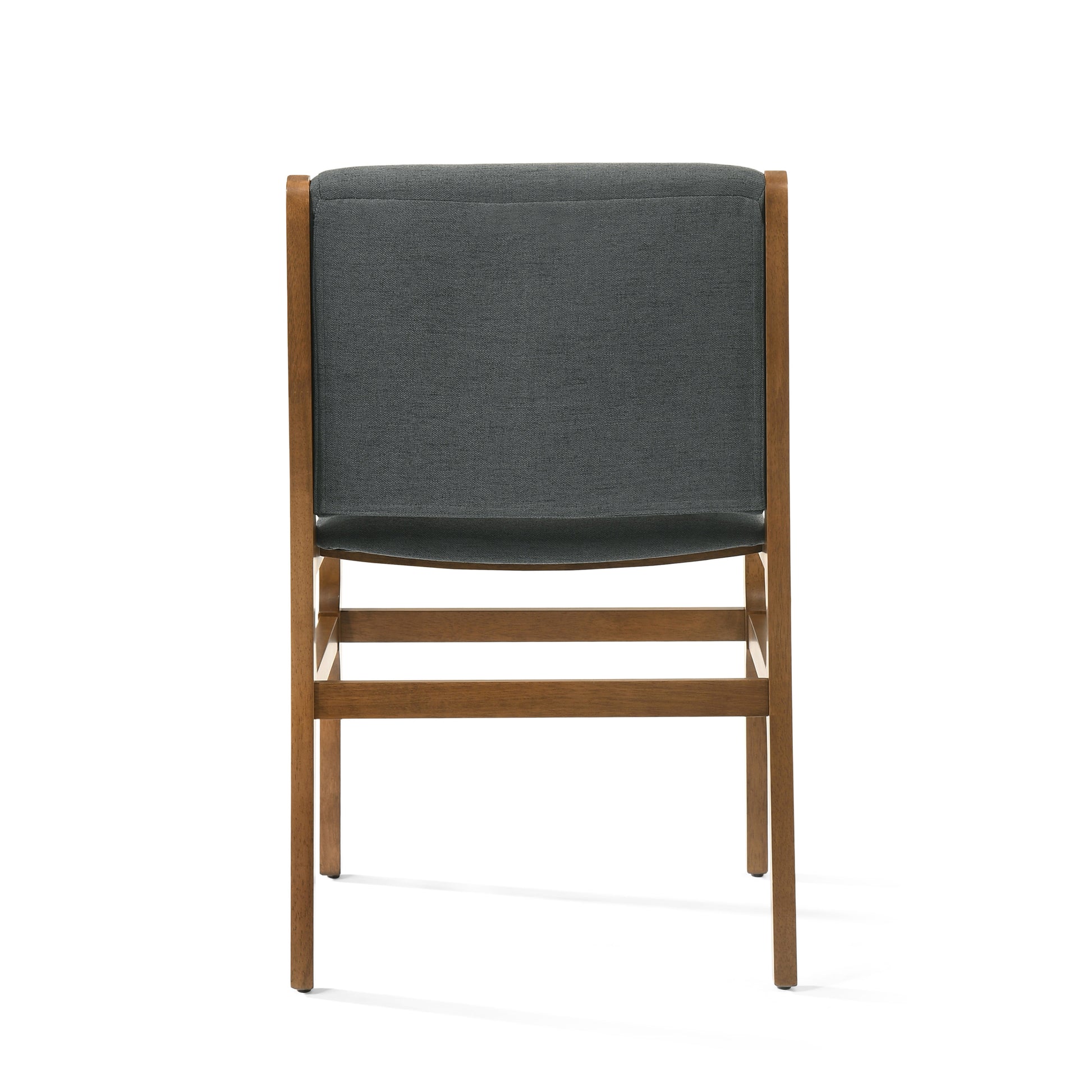 a wooden chair with a gray upholstered seat