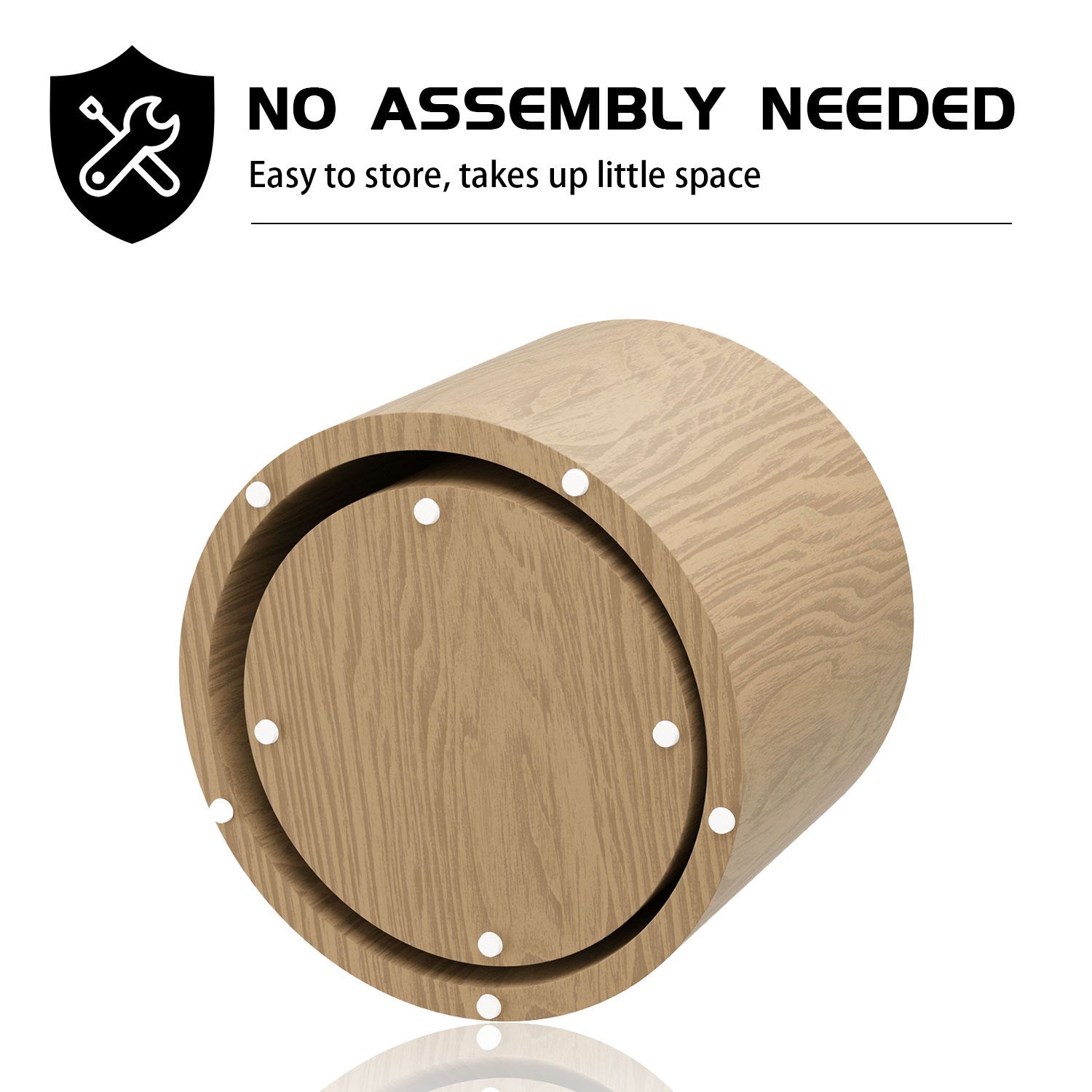 an image of a wooden object with the words no assembly needed