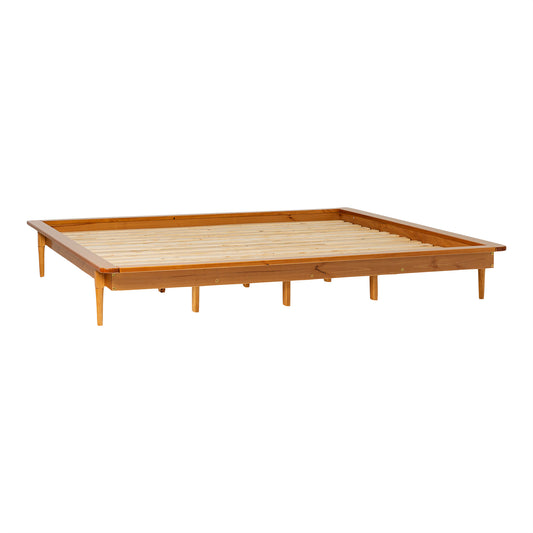 Mid-Century Modern Solid Wood King Platform Bed Frame with tapered legs, made from pine wood, showcasing a sturdy, slatted design ideal for minimalist decor.