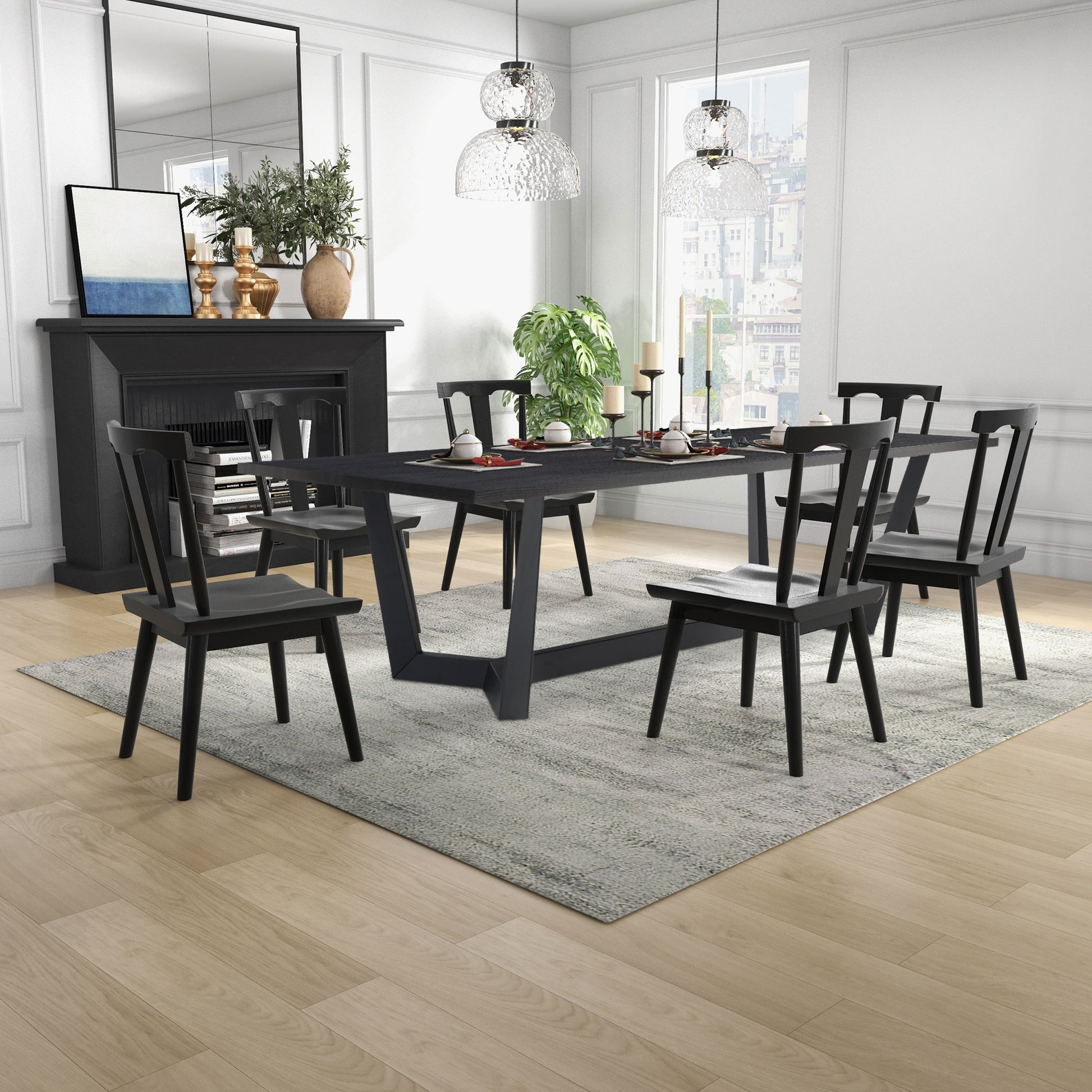 a dining room with a table and chairs