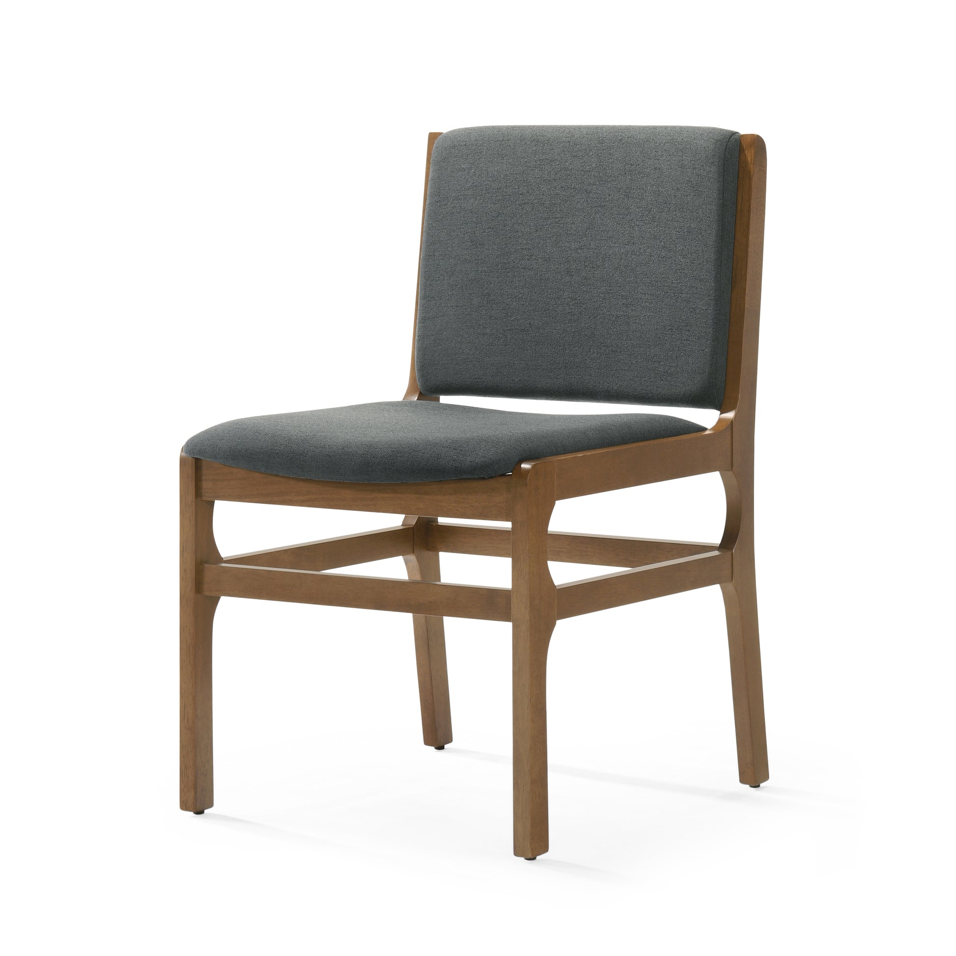 a wooden chair with a gray fabric seat