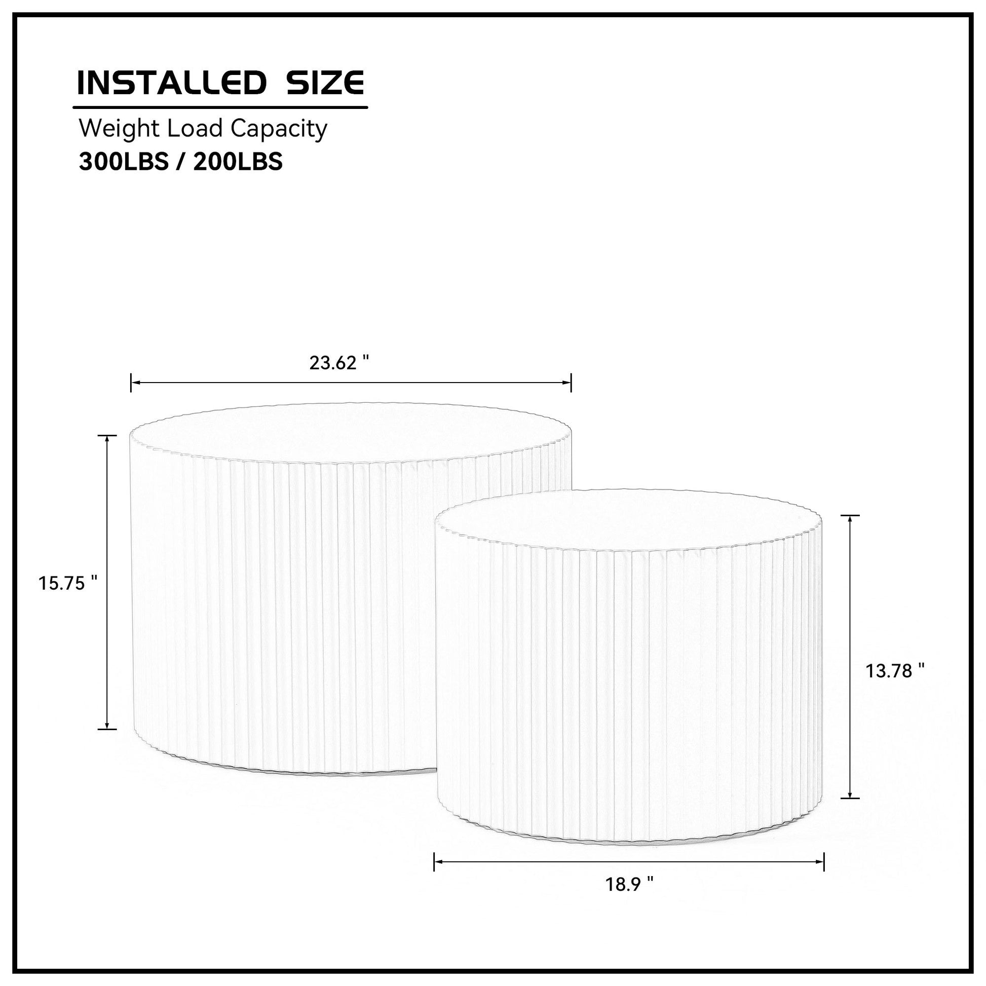 a drawing of two white round tables with measurements