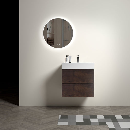 Alice 24 Walnut Floating Bathroom Vanity with White Basin and Rosewood Finish, Large Storage and Eco-Friendly Design
