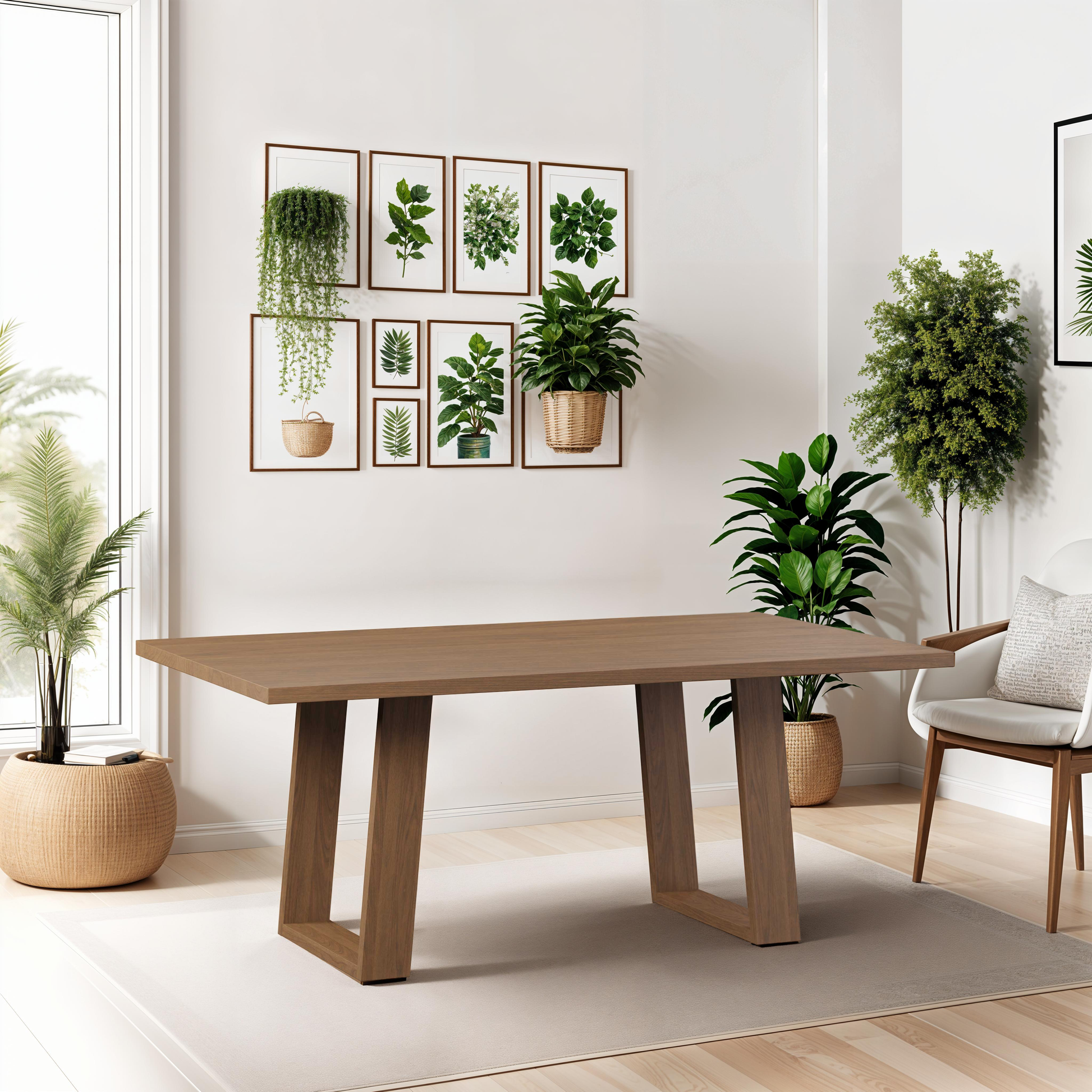 a room with a table, chairs, potted plants and pictures on the wall