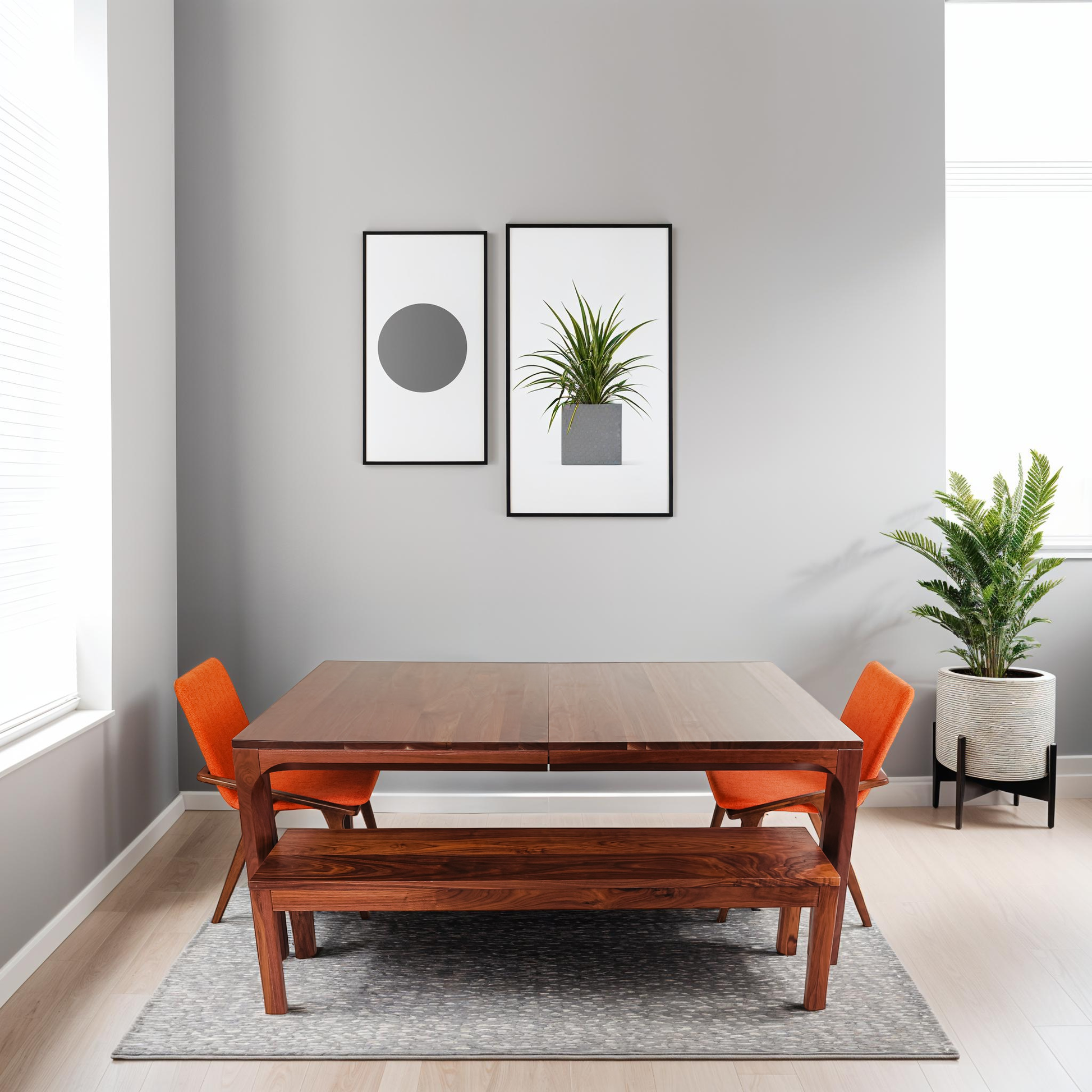 Eco-friendly dining table with bench seating in a minimalist interior
