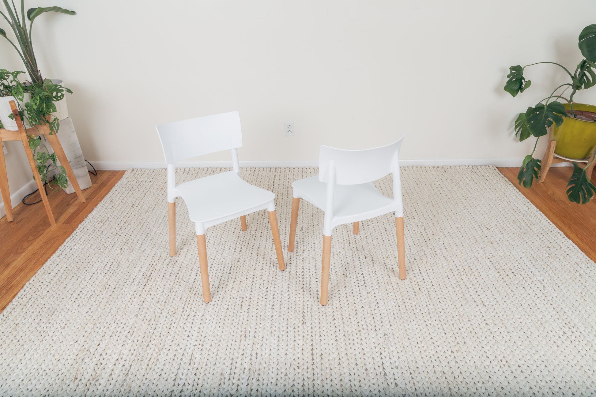 Minimalist white dining chair set with sleek polypropylene seats and beech wood legs, placed on a rug next to a white wall and houseplants.