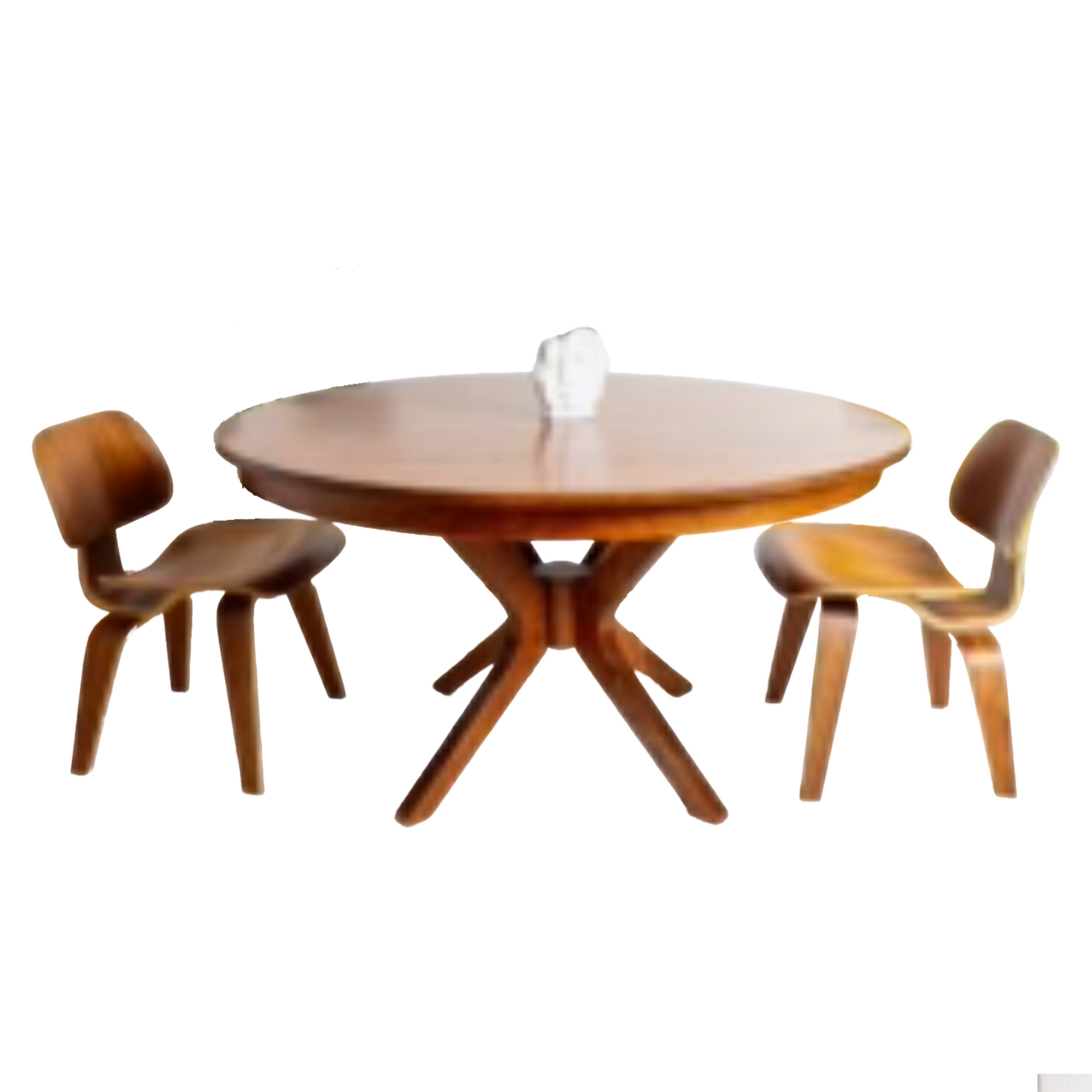 Corcovado: Modern small dining table, round and extendable, with solid hardwood craftsmanship, shown with chairs and a white napkin. Perfect for 4 to 8 diners.