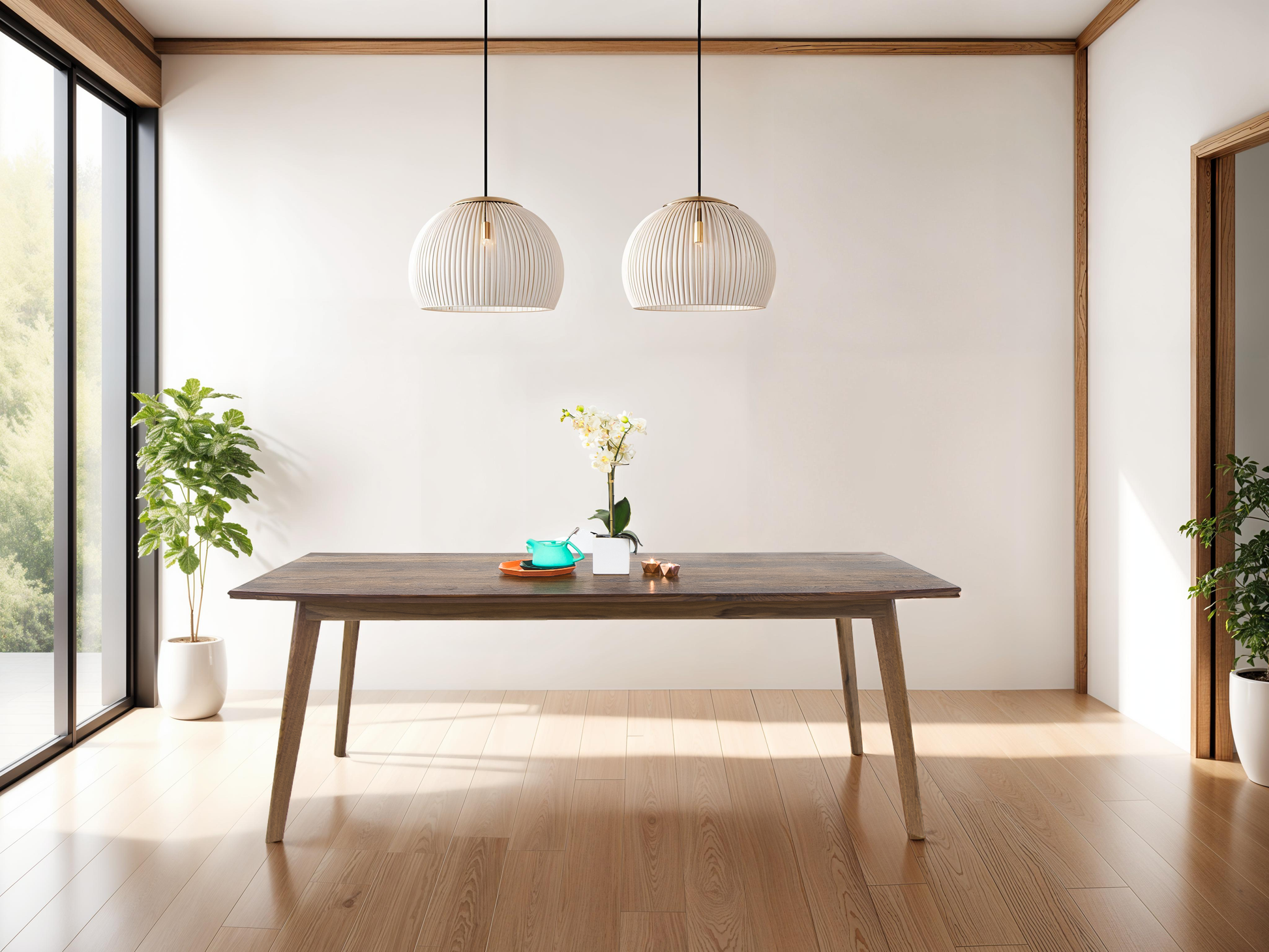 This mid-century modern walnut dining table offers a sleek design with tapered legs and a semi-elliptical top, perfect for stylish interiors.